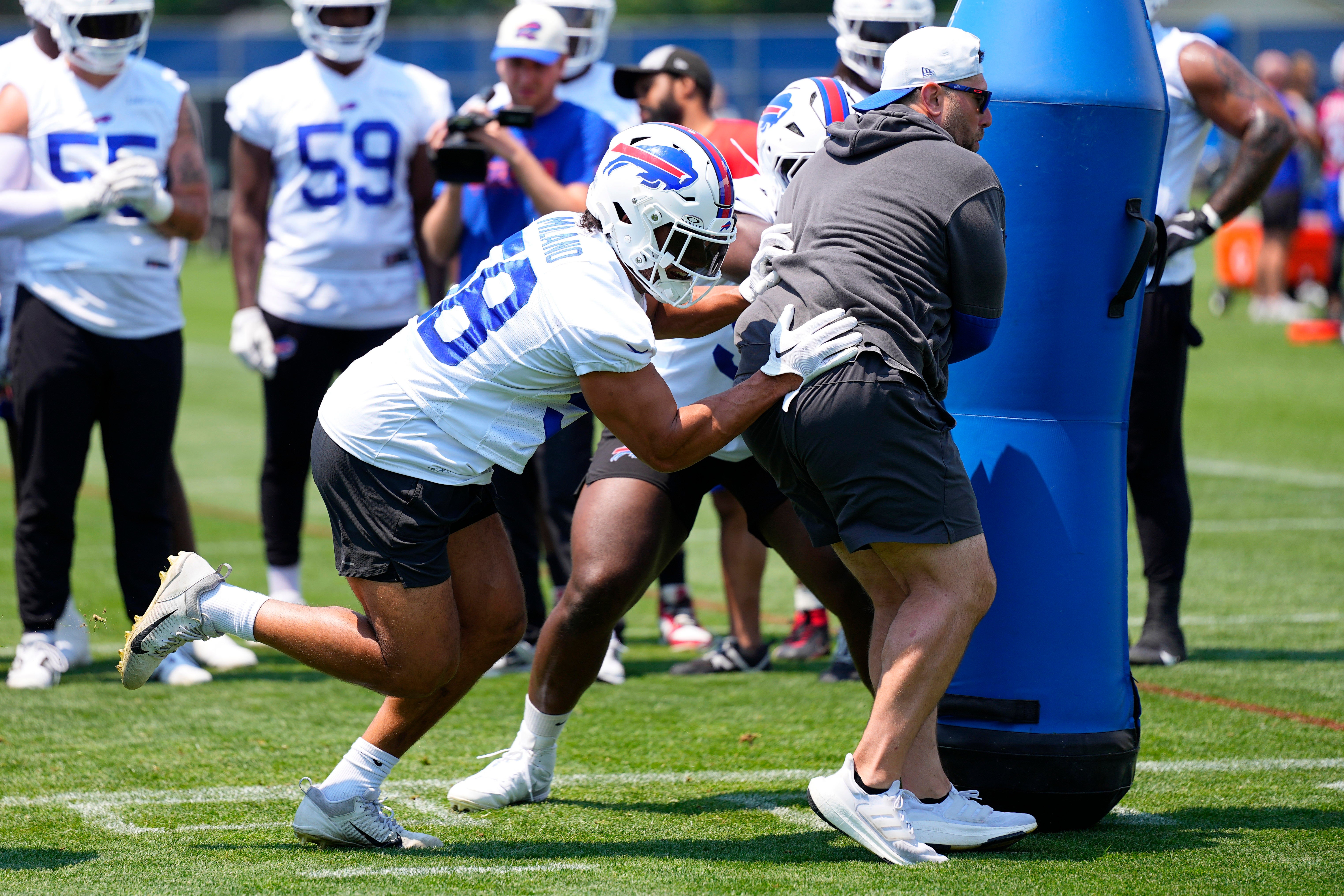 Buffalo Bills LB Matt Milano participates in team drills during training camp practice at St John Fisher University