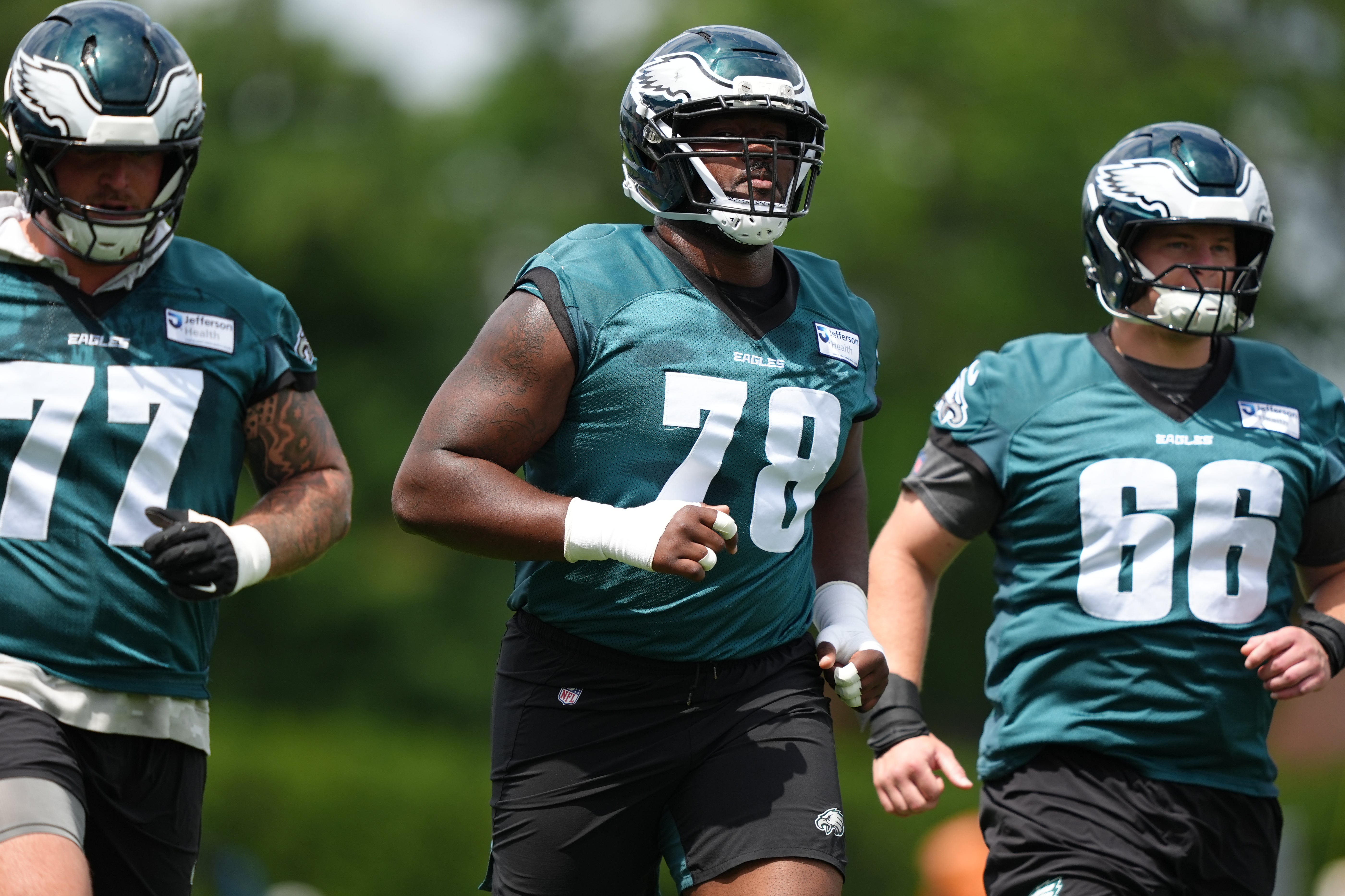 Philadelphia Eagles offensive lineman Myles Hinton (78) warms up at NovaCare Complex.