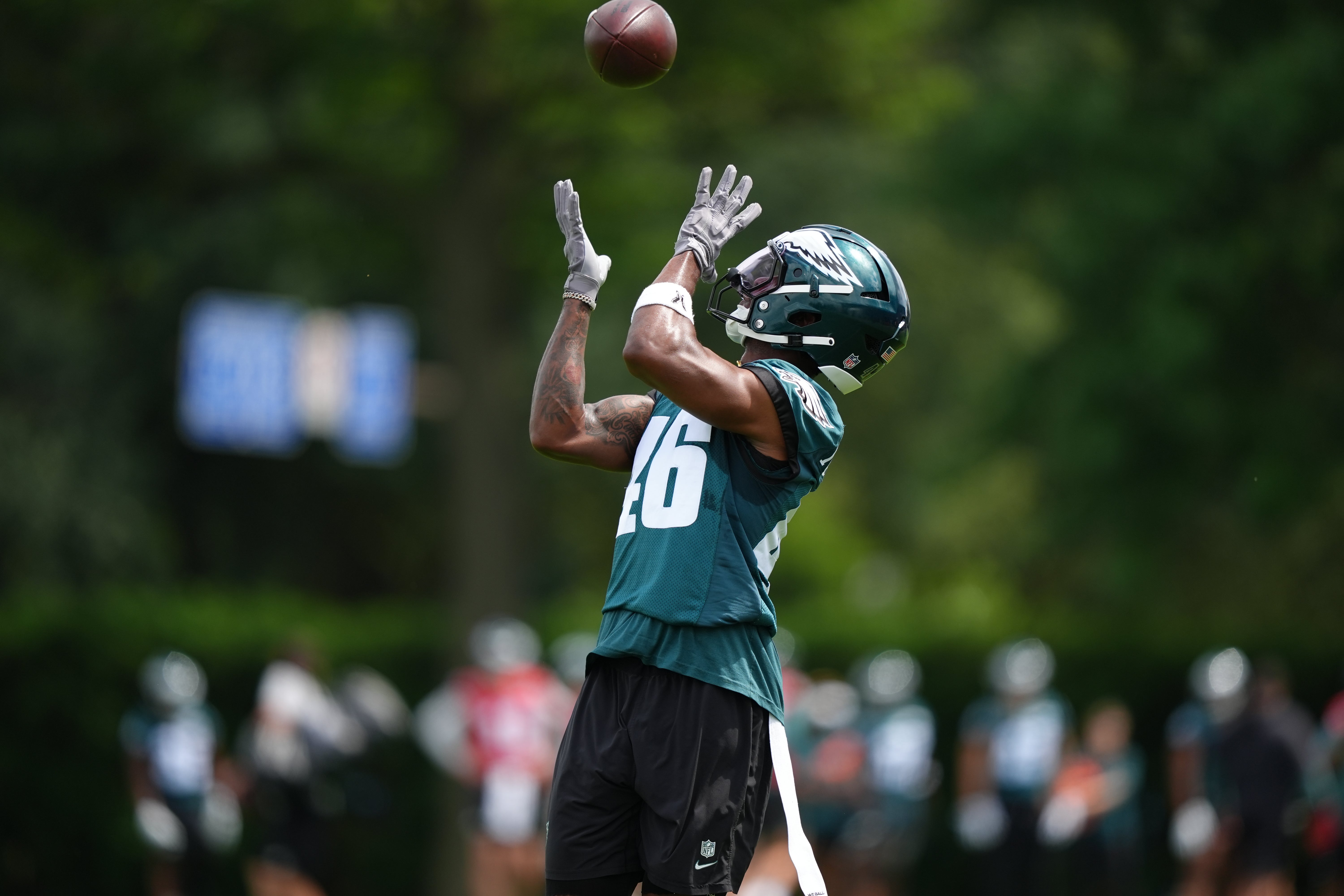 Philadelphia Eagles wide receiver Terrace Marshall (46) makes a reception during a practice drill at NovaCare Complex.
