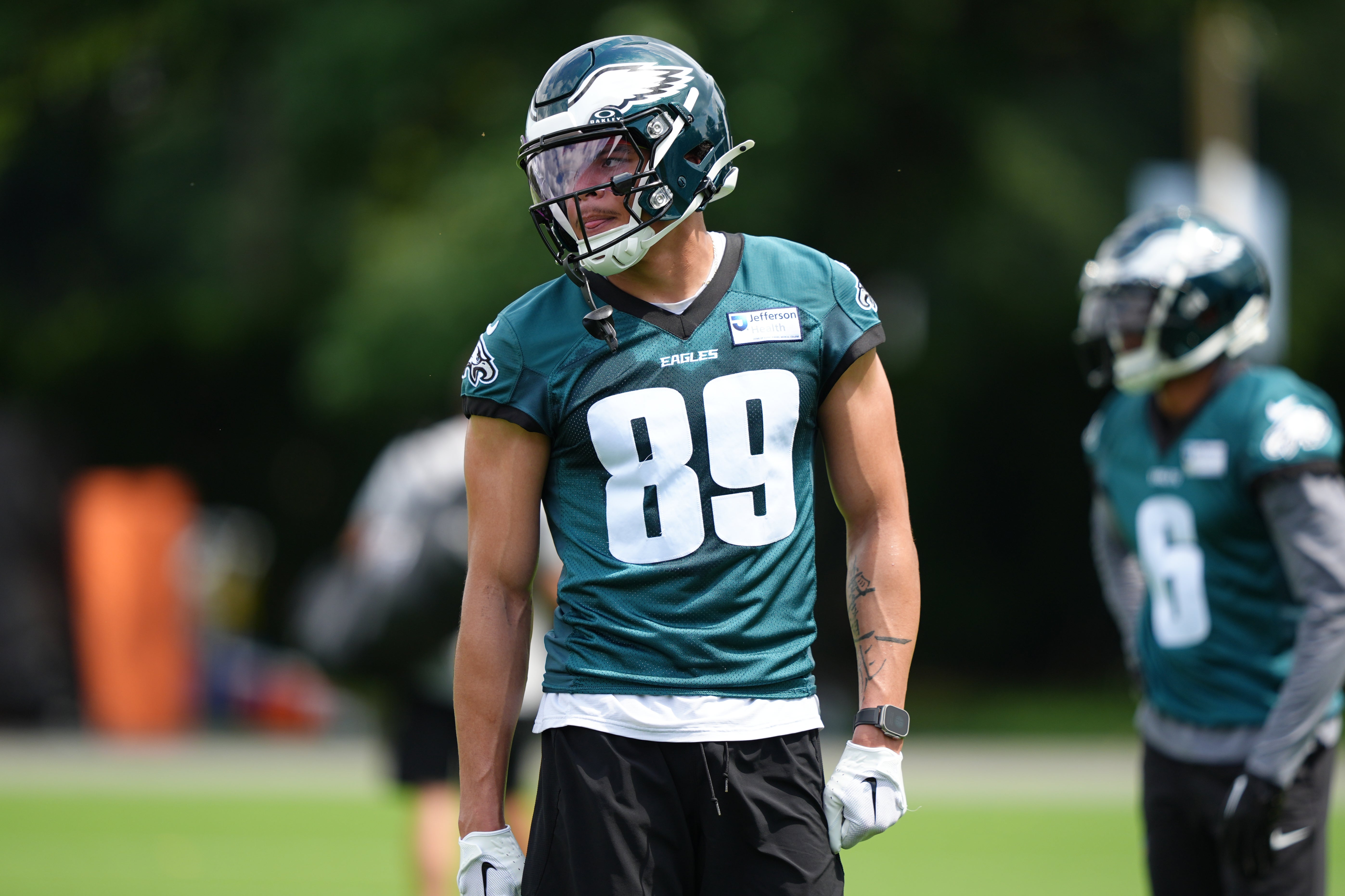 Philadelphia Eagles wide receiver Johnny Wilson (89) looks on during a practice drill at NovaCare Complex. Kyle Ross-Imagn Images