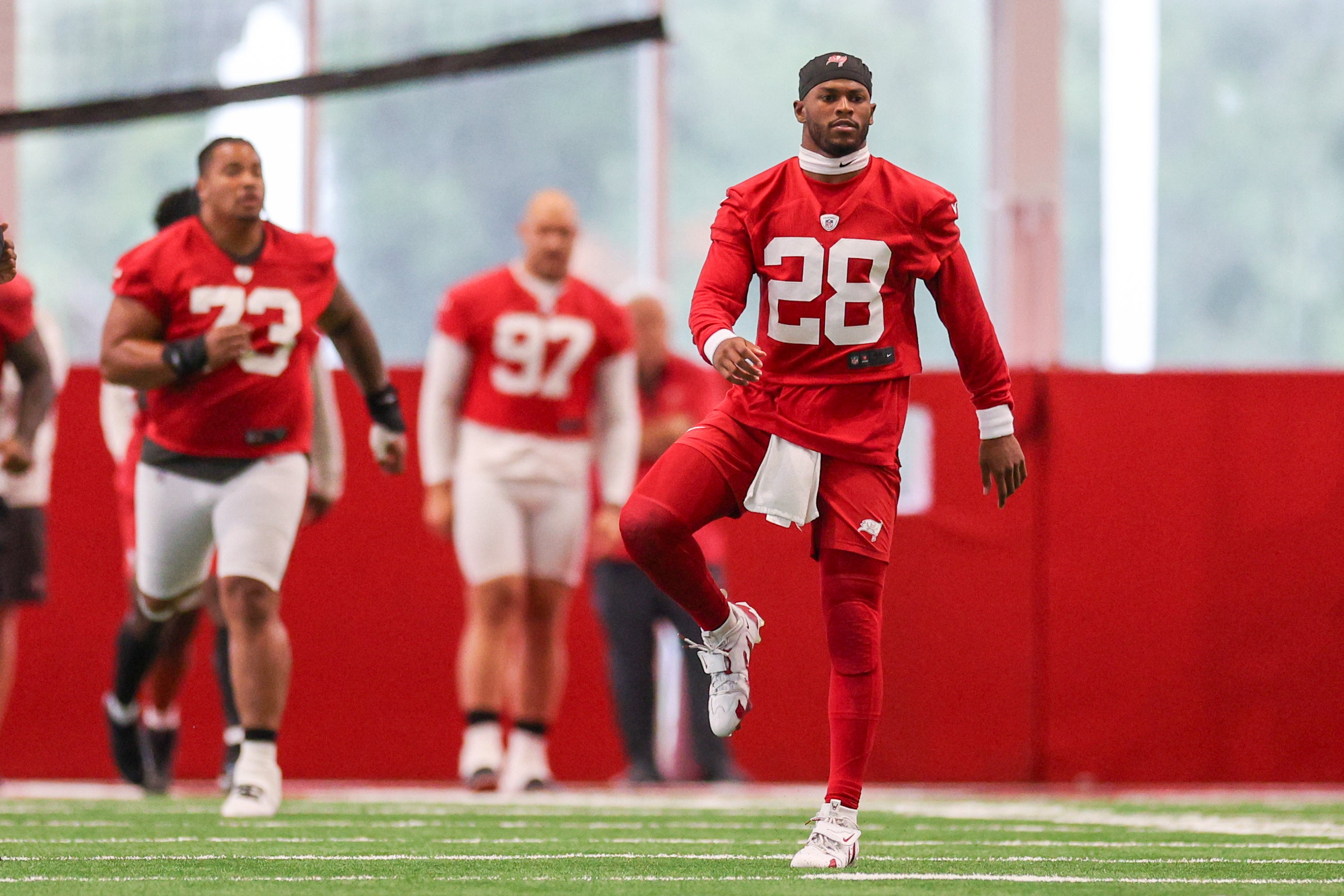 Tampa Bay, FL, USA; Tampa Bay Buccaneers safety Shilo Sanders (28) participates in mini camp at AdventHealth Training Center.