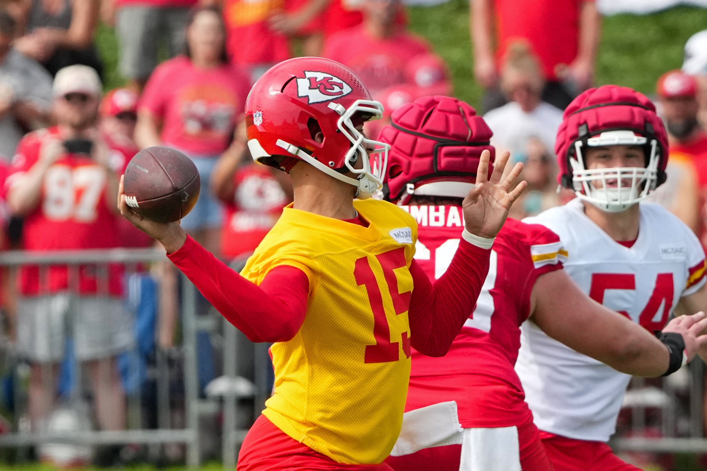 Kansas City Chiefs quarterback Patrick Mahomes (15) throws a pass during training camp at Missouri Western State University.