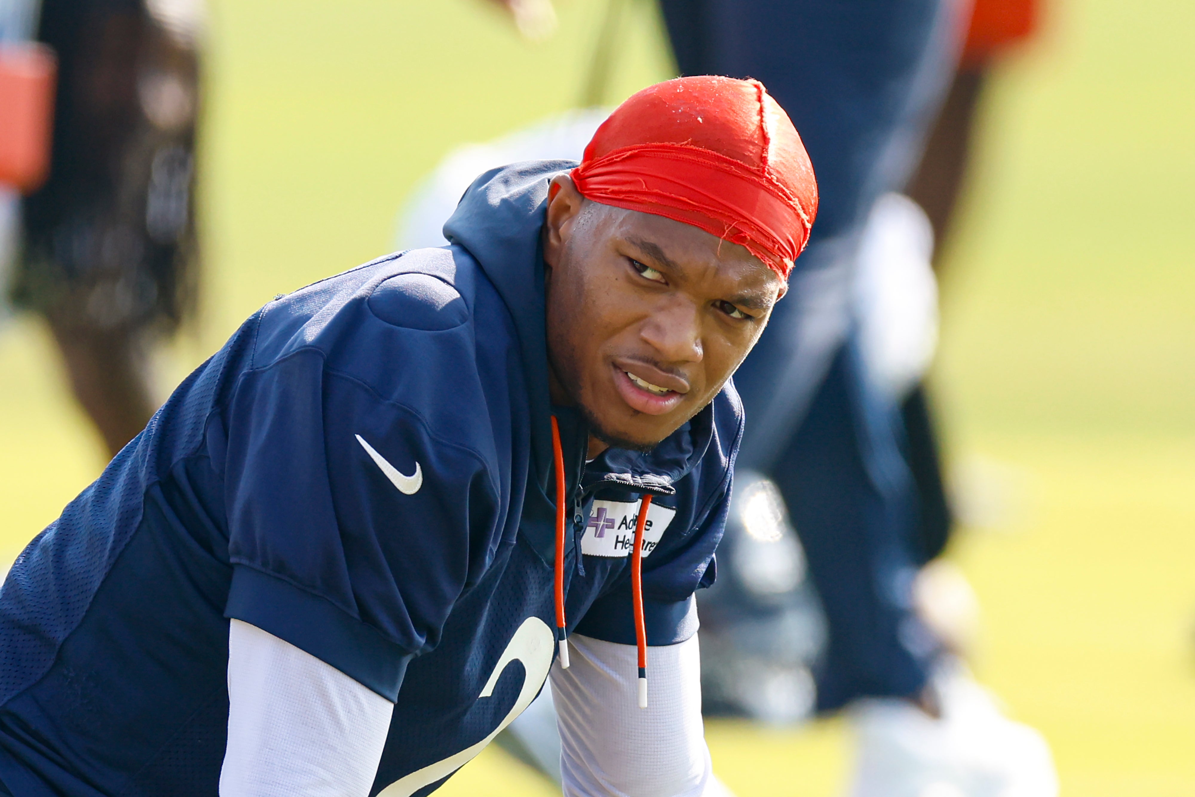 Jul 23, 2025; Lake Forest, IL, USA; Chicago Bears wide receiver DJ Moore (2) warms up during training camp at Halas Hall.