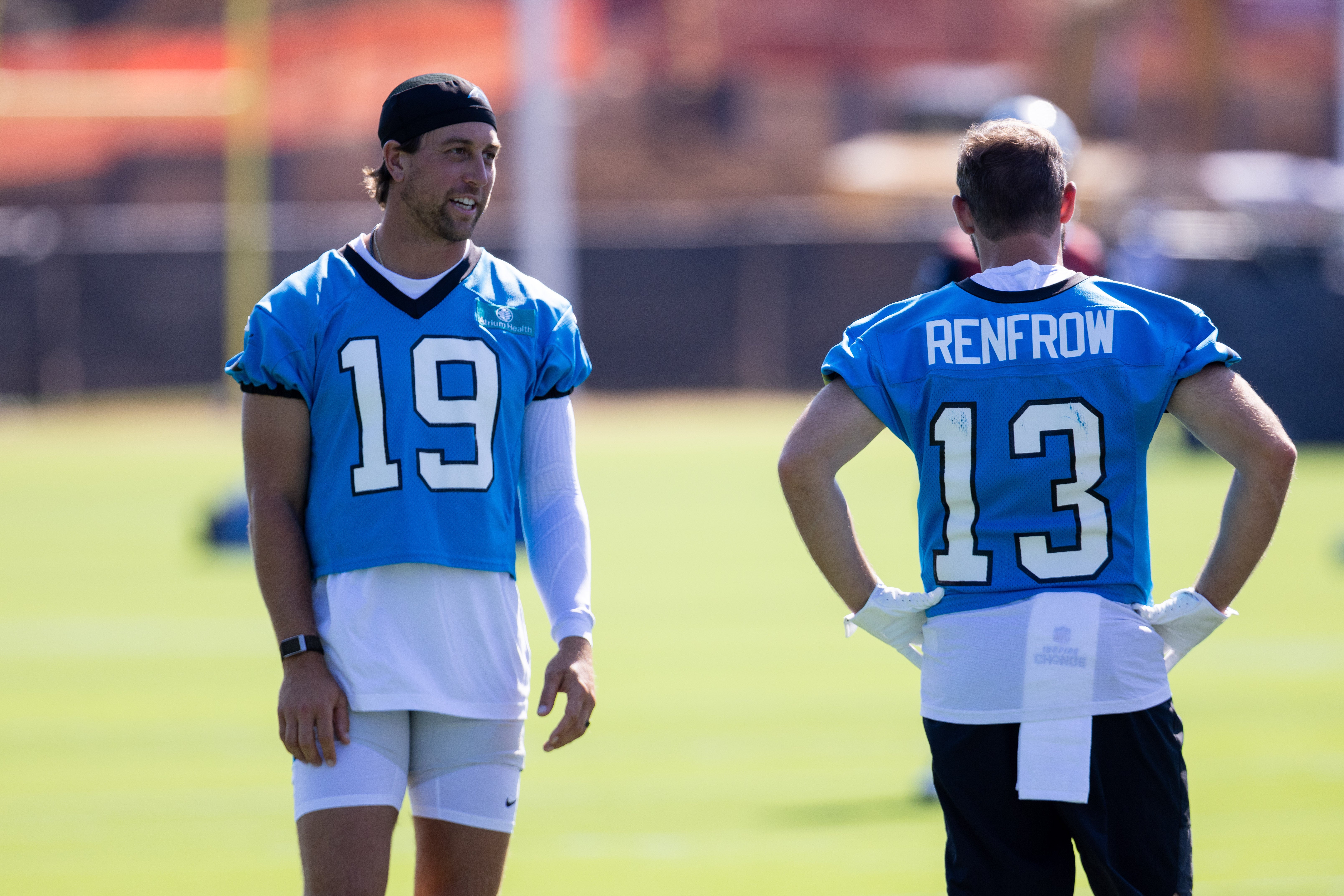 Jul 23, 2025; Charlotte, NC, USA; Carolina Panthers wide receiver Adam Thielen (19) talks with wide receiver Hunter Renfrow (13) during Panthers Training Camp.