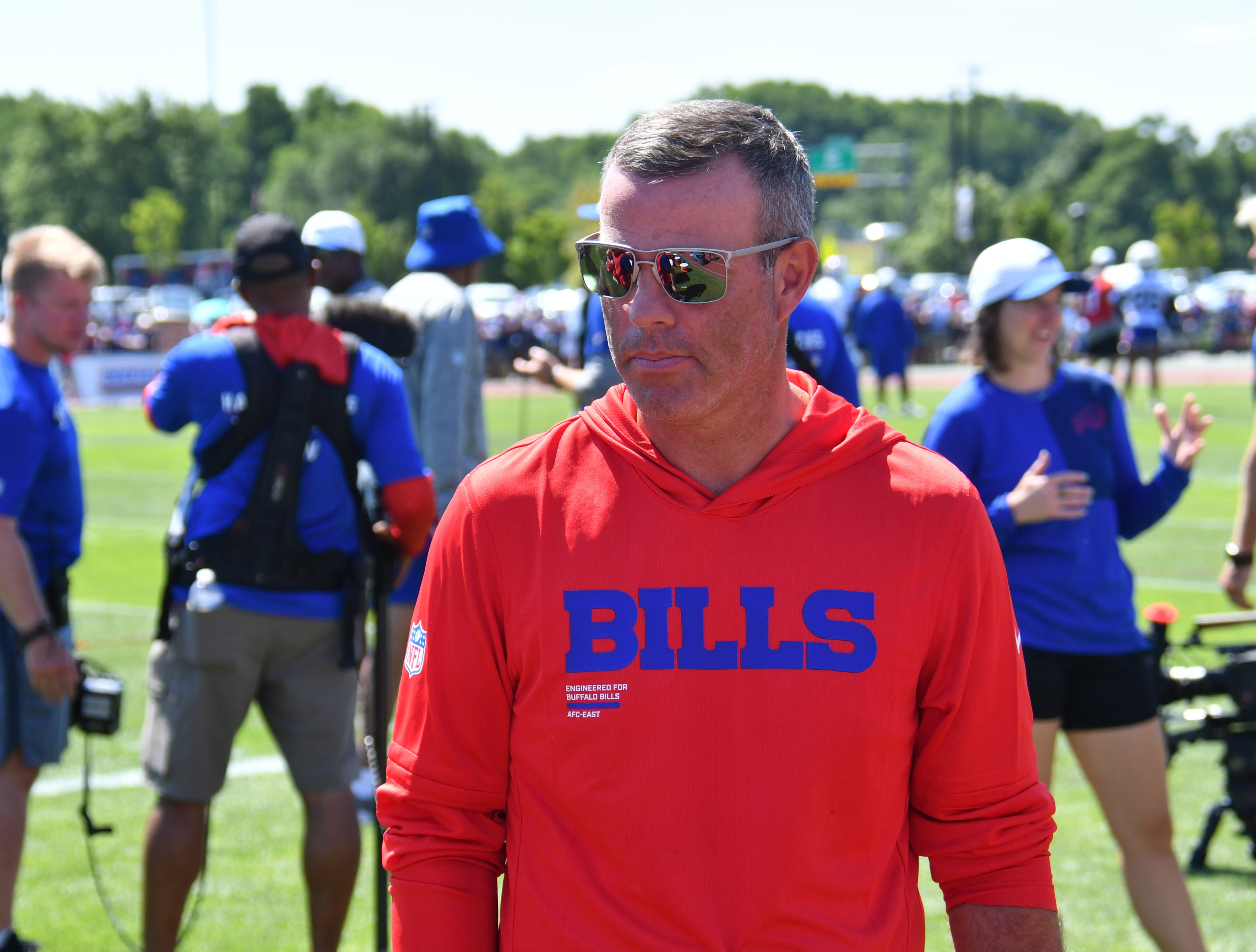 Jul 23, 2025; Rochester, NY, USA; Buffalo Bills general manager Brandon Beane on the field during training camp at St. John Fisher University.