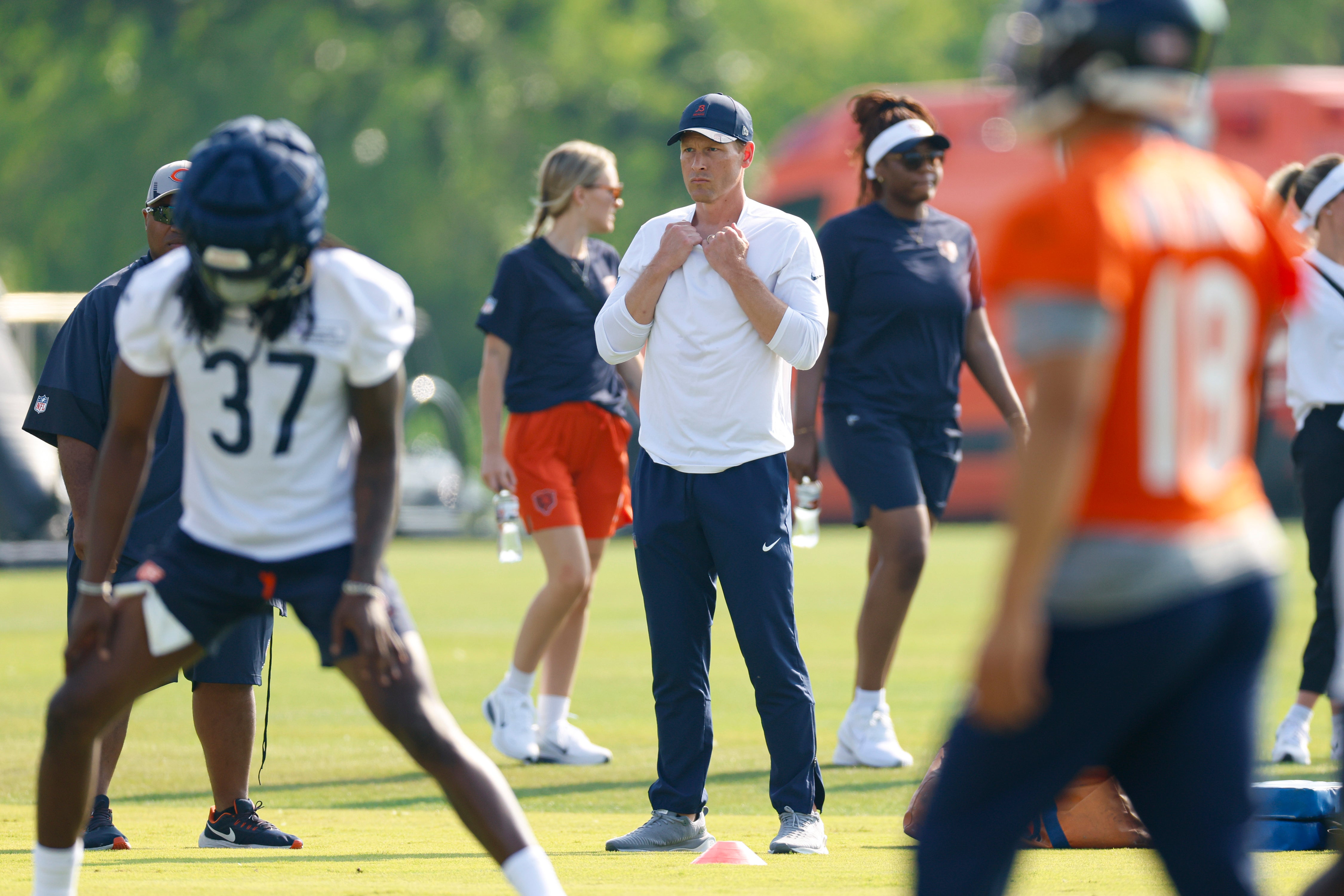 Jul 23, 2025; Lake Forest, IL, USA; Chicago Bears head coach Ben Johnson looks on during training camp at Halas Hall.