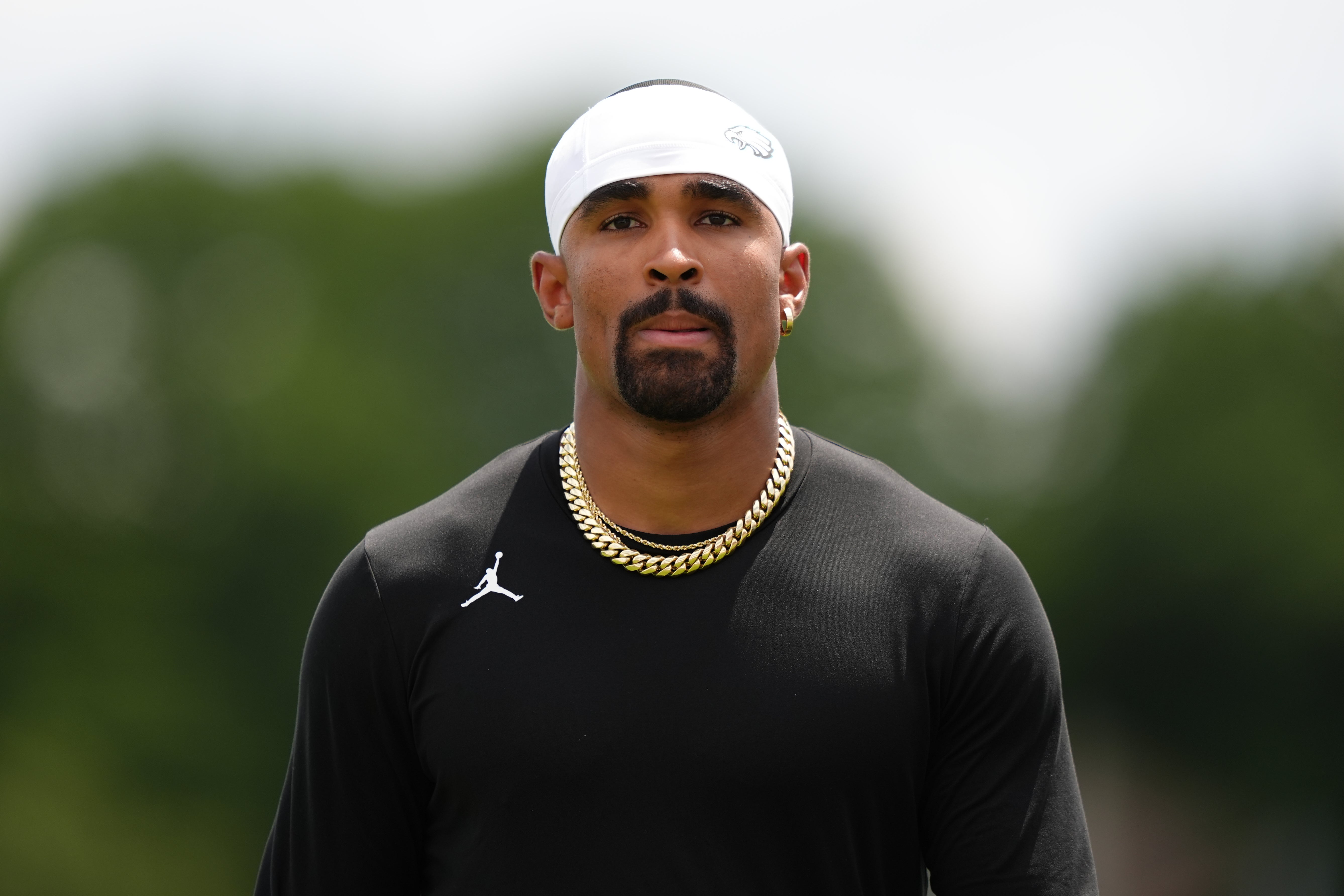 Philadelphia Eagles quarterback Jalen Hurts (1) looks on during training camp at NovaCare Complex. Kyle Ross-Imagn Images