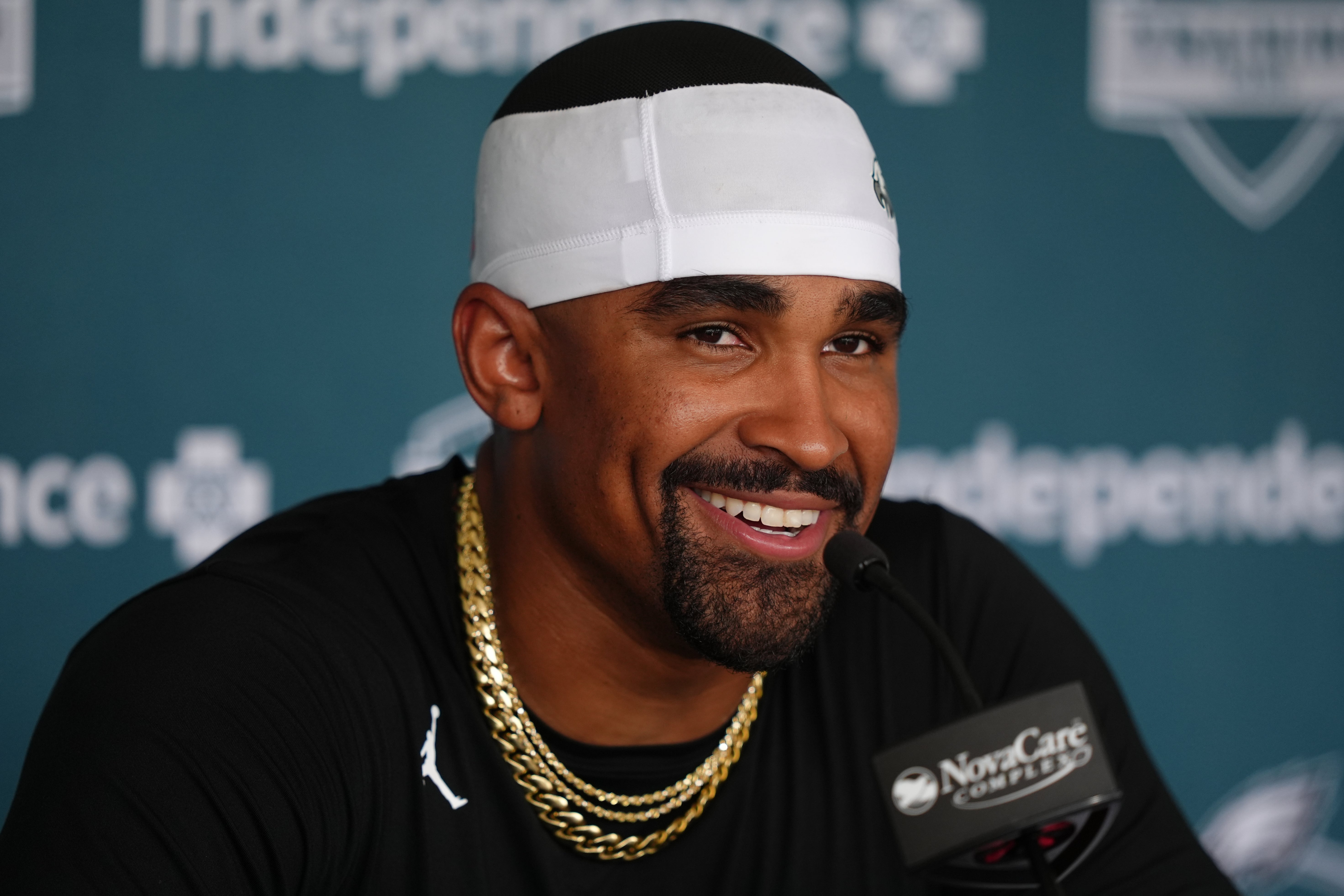 Philadelphia Eagles quarterback Jalen Hurts (1) addresses media during training camp at NovaCare Complex. Kyle Ross-Imagn Images