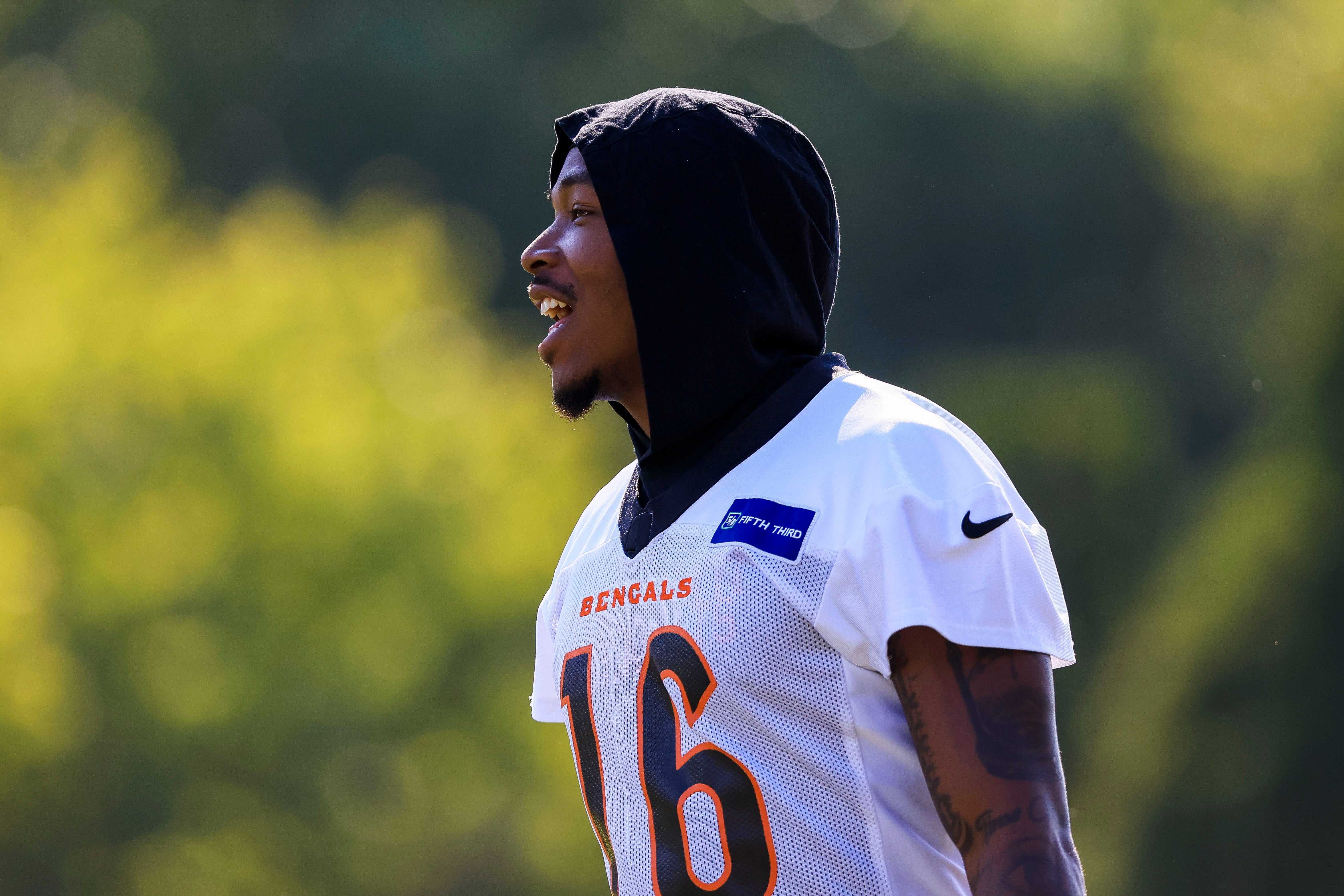 Jul 23, 2025; Cincinnati, OH, USA; Cincinnati Bengals wide receiver Jamoie Mayes (16) walks on the field during training camp at Kettering Health Practice Field.