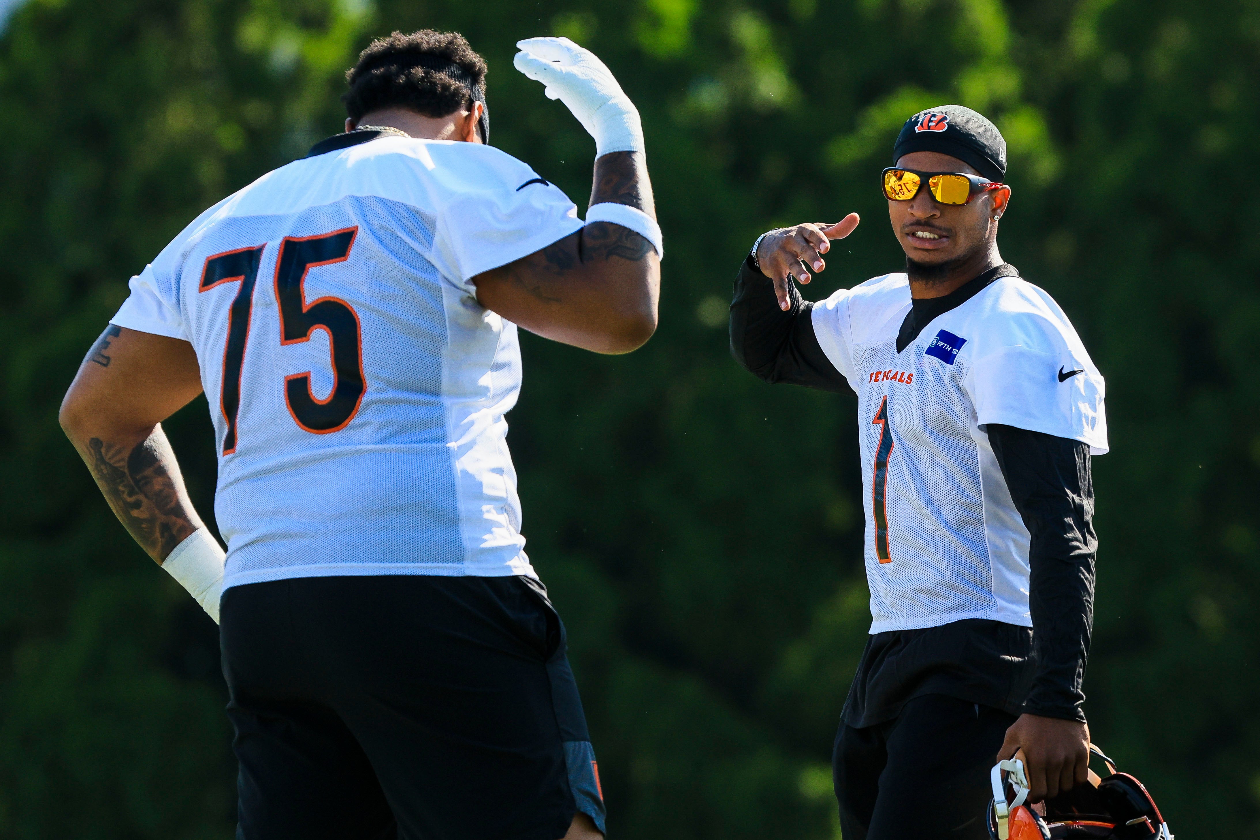 Jul 23, 2025; Cincinnati, OH, USA; Cincinnati Bengals wide receiver Ja'Marr Chase (1) and offensive tackle Orlando Brown Jr. (75) during training camp at Kettering Health Practice Field. Mandatory Credit: Katie Stratman-Imagn Images