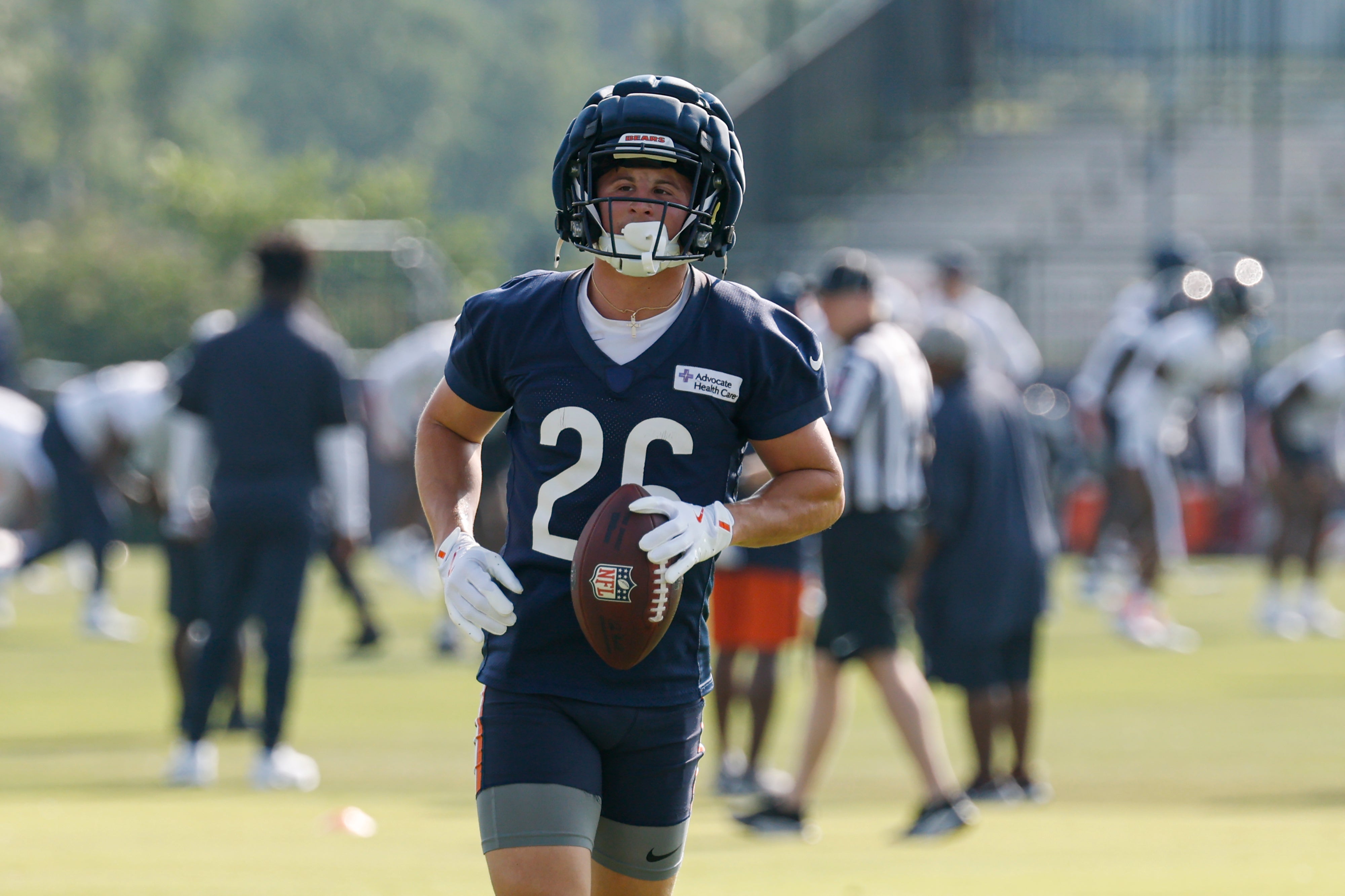 Jul 23, 2025; Lake Forest, IL, USA; Chicago Bears wide receiver JP Richardson (26) runs with the ball during training camp at Halas Hall.