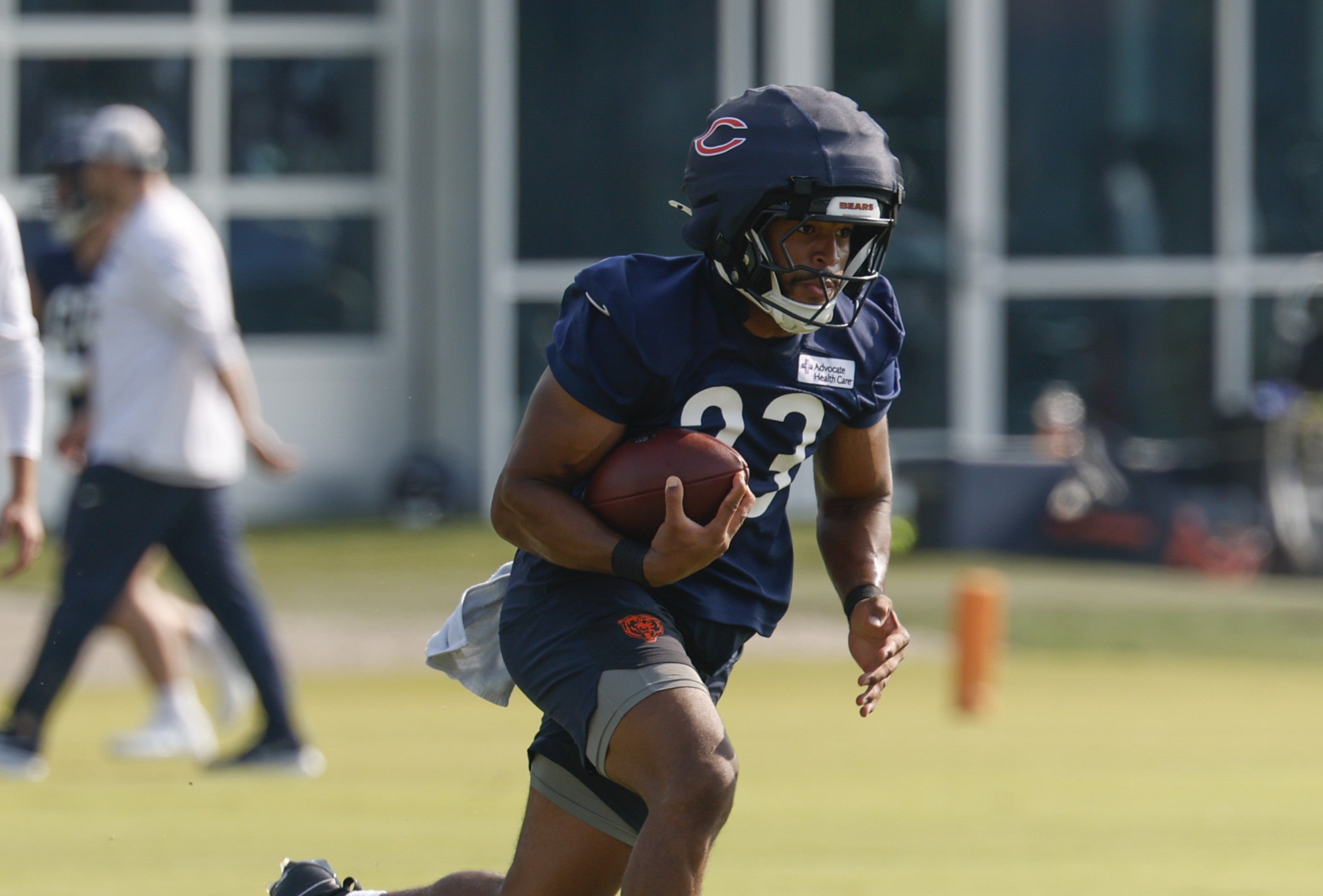 Jul 23, 2025; Lake Forest, IL, USA; Chicago Bears running back Roschon Johnson (23) runs with the ball during training camp at Halas Hall.
