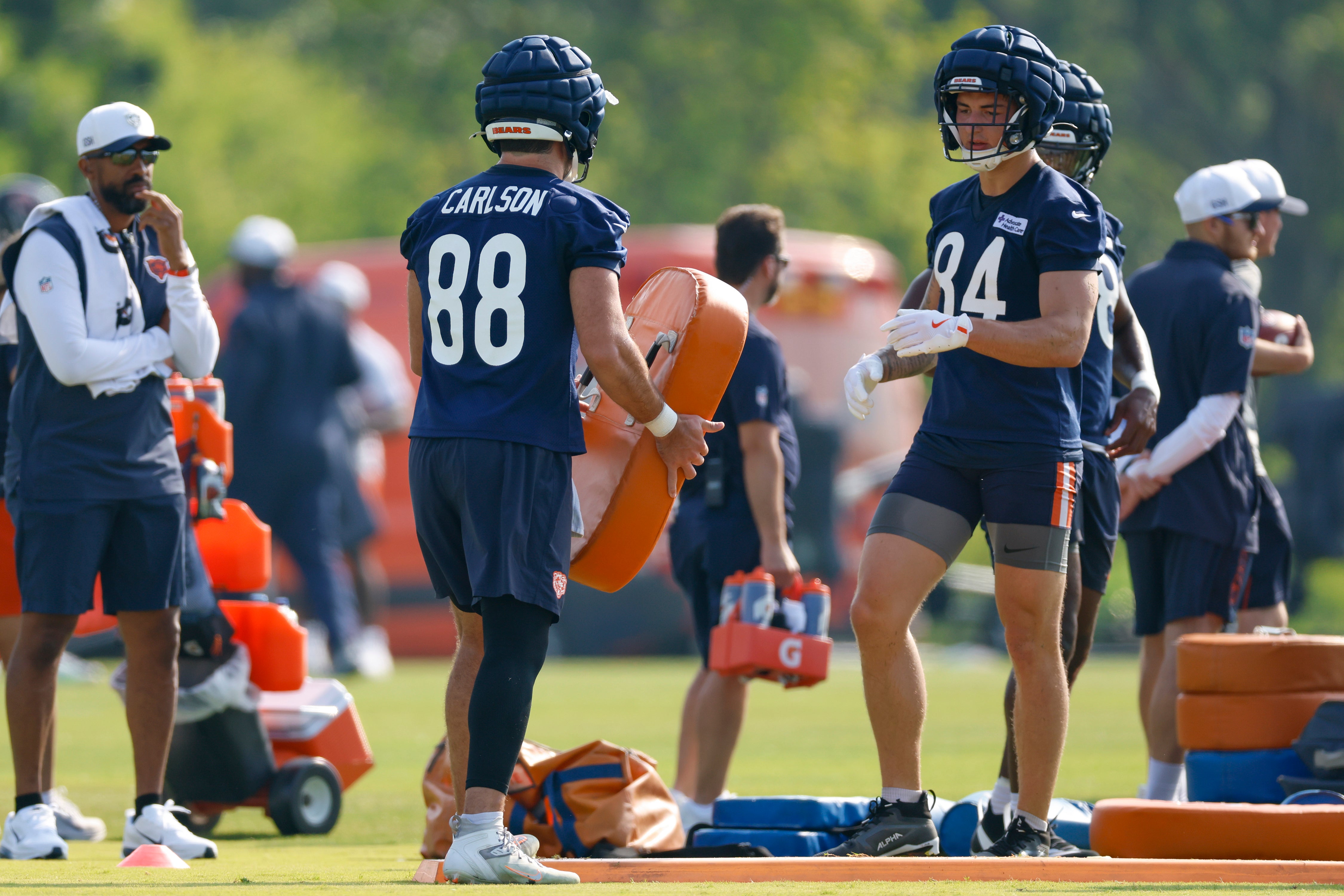 Jul 23, 2025; Lake Forest, IL, USA; Chicago Bears tight end Colston Loveland (84) looks on during training camp at Halas Hall.