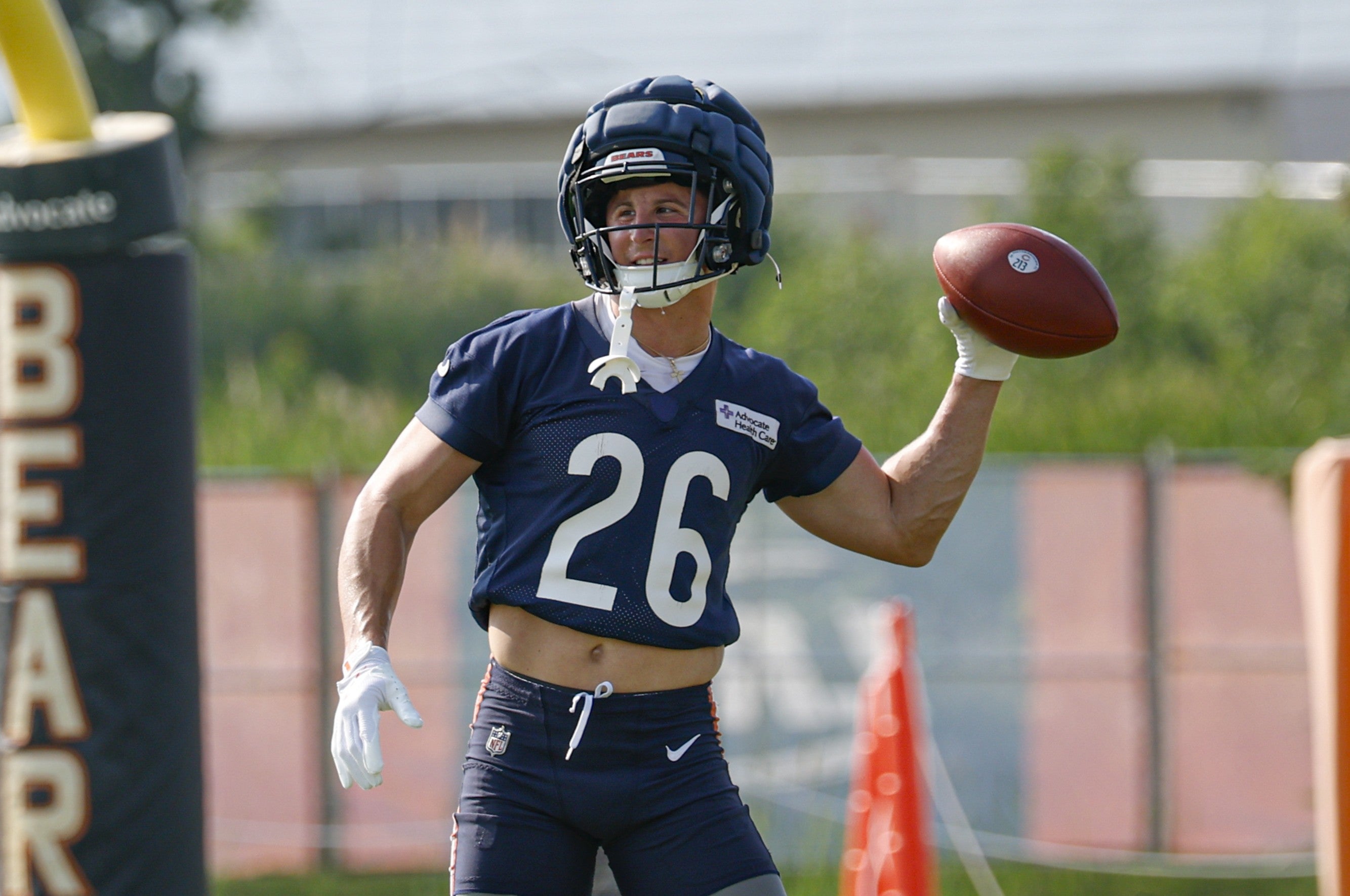 Jul 23, 2025; Lake Forest, IL, USA; Chicago Bears wide receiver JP Richardson (26) and wide receiver Devin Duvernay (12) look on during training camp at Halas Hall.