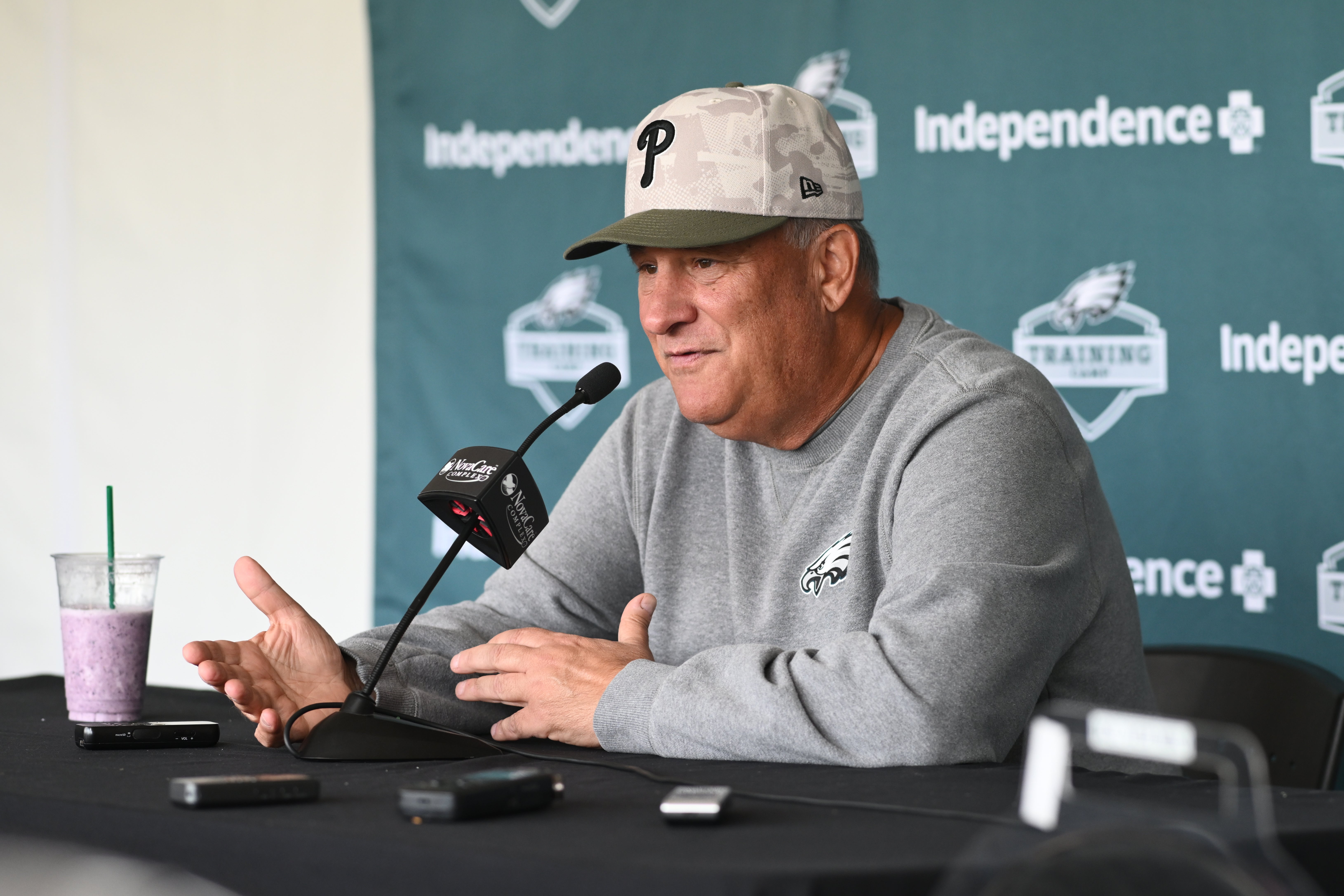 Philadelphia Eagles defensive coordinator Vic Fangio addresses media during training camp at NovaCare Complex.