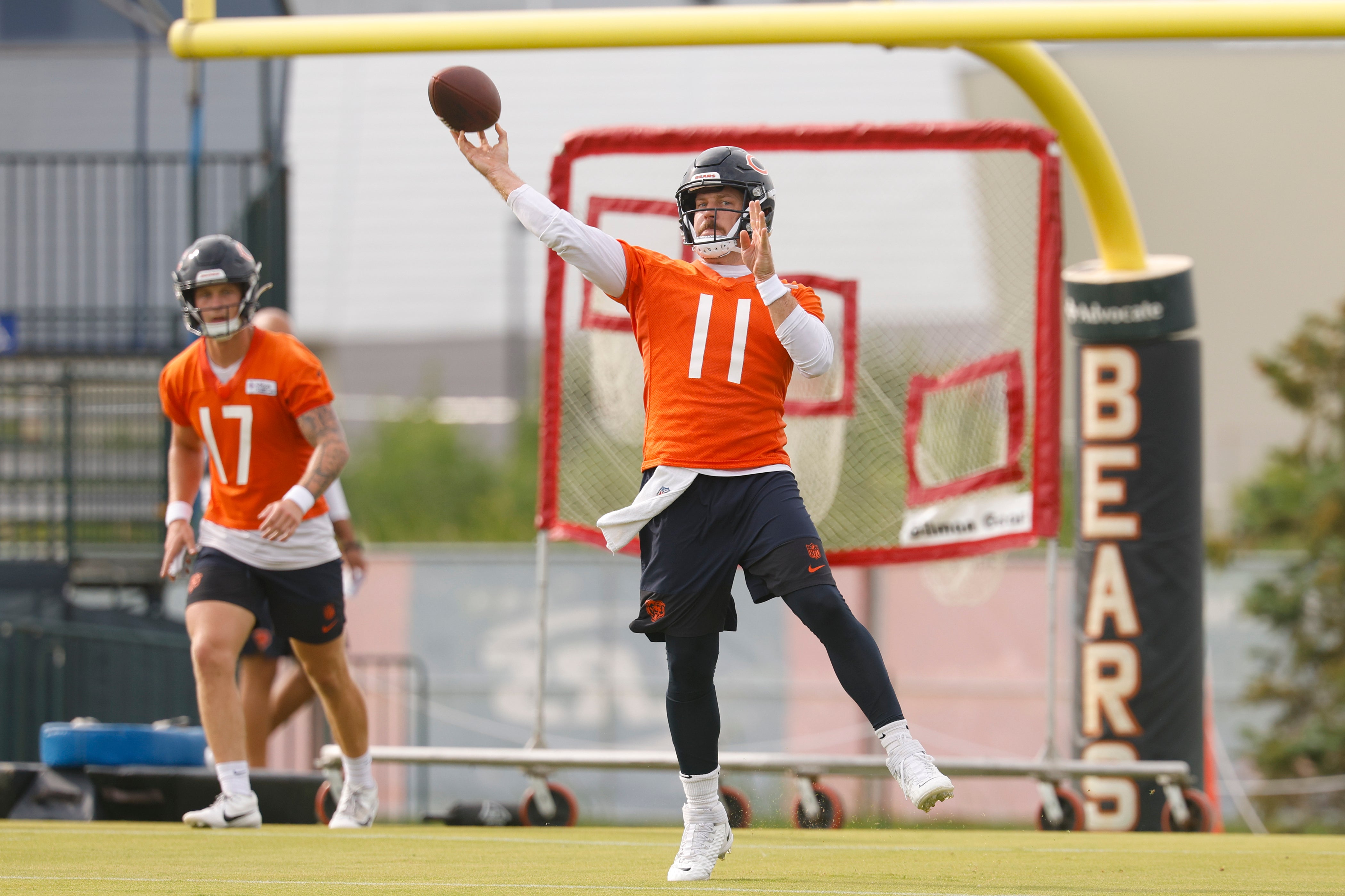 Jul 24, 2025; Lake Forest, IL, USA; Chicago Bears quarterback Case Keenum (11) passes the ball during training camp at Halas Hall.