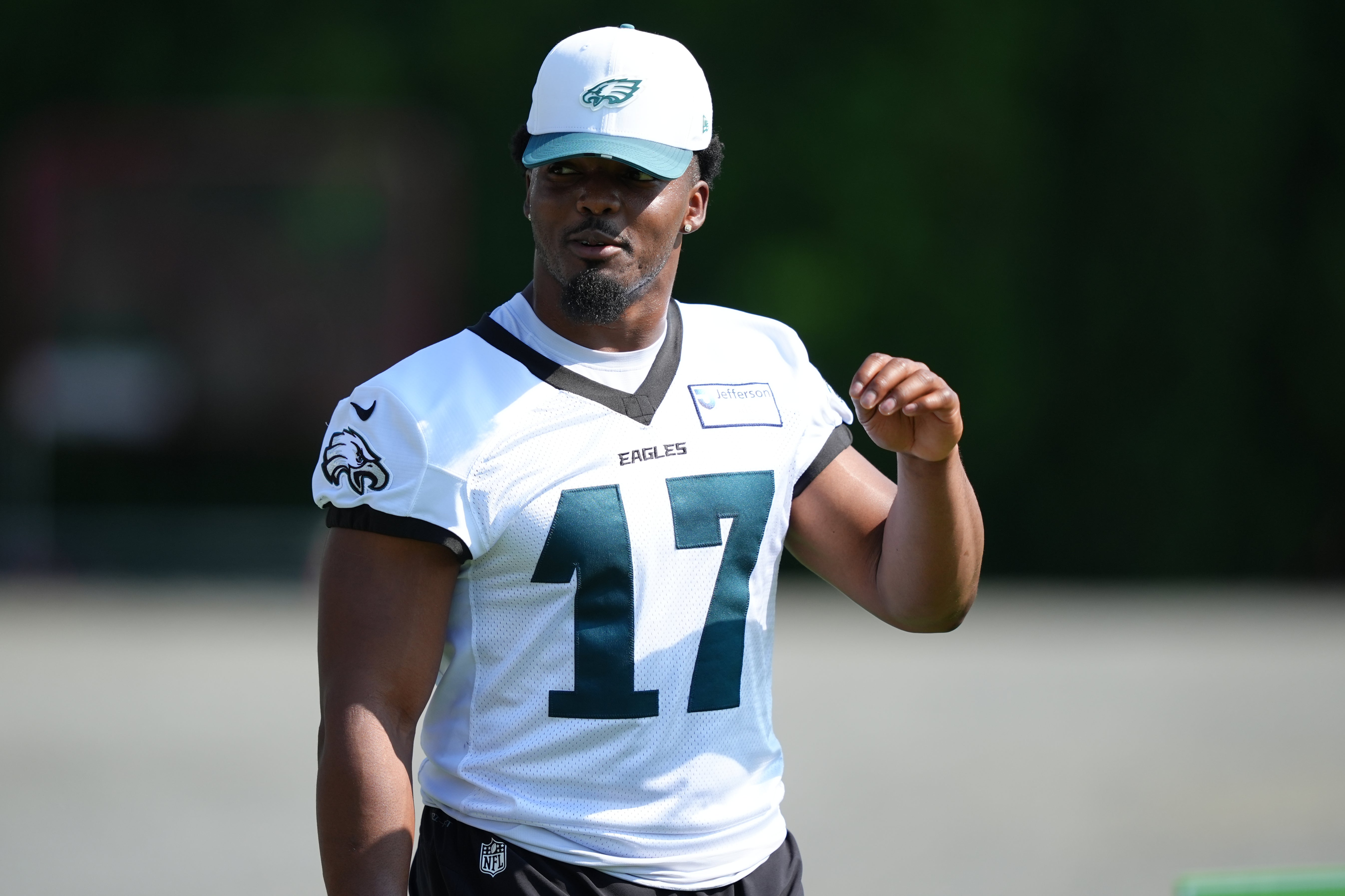 Philadelphia Eagles linebacker Nakobe Dean (17) looks on during training camp at NovaCare Complex.