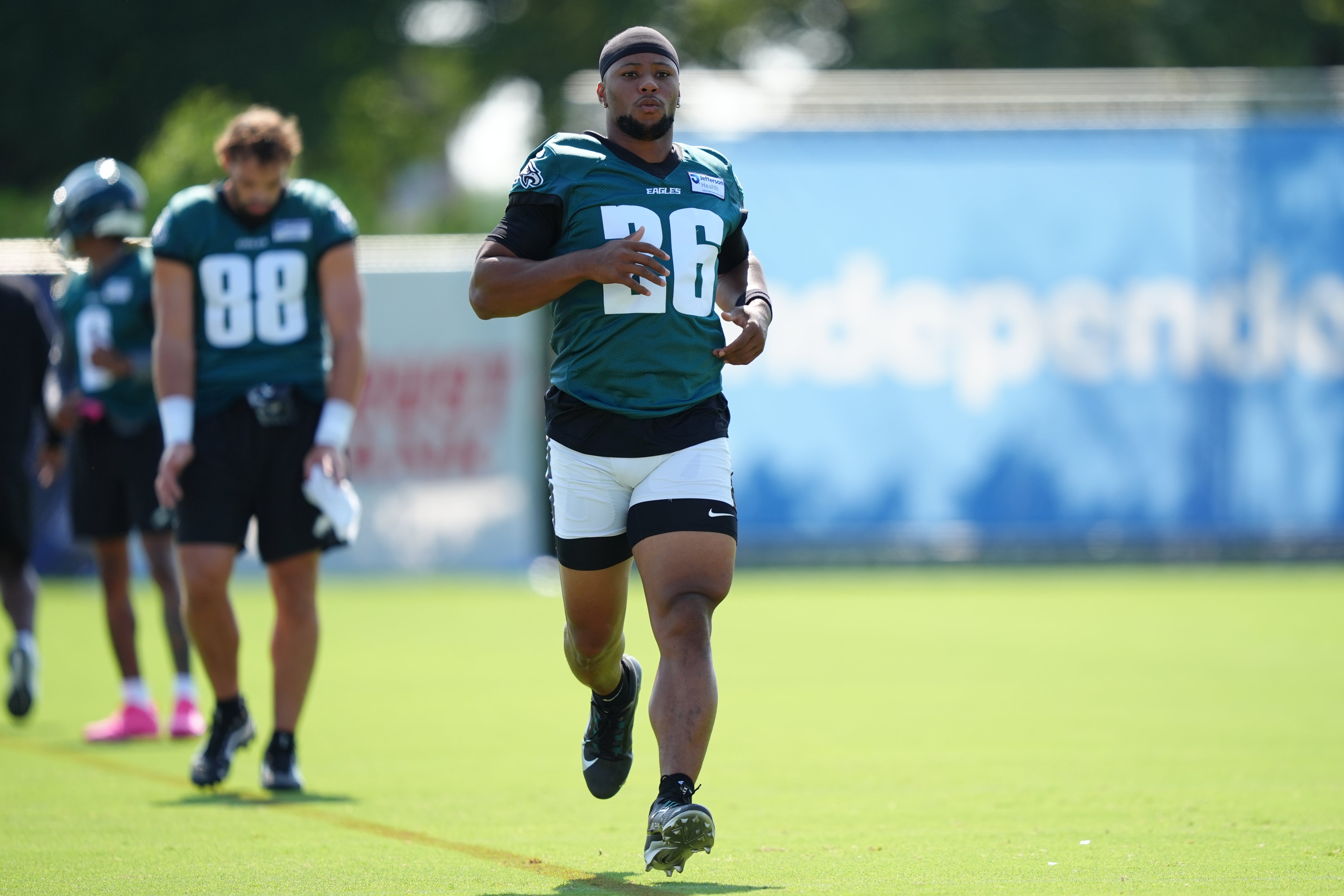 Philadelphia Eagles running back Saquon Barkley (26) runs a practice drill during training camp at NovaCare Complex. Kyle Ross-Imagn Images
