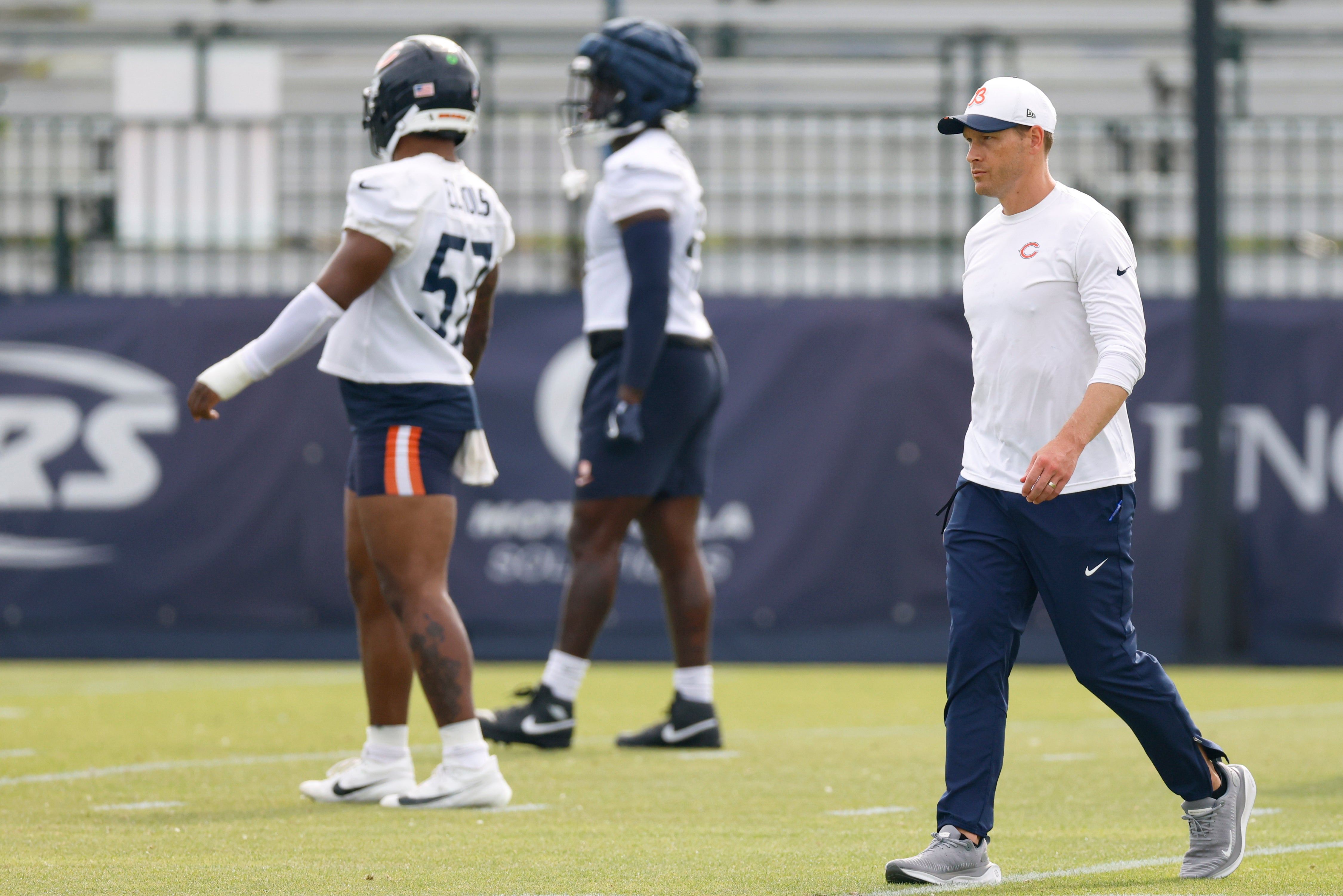 Jul 24, 2025; Lake Forest, IL, USA; Chicago Bears head coach Ben Johnson walks on the field during training camp at Halas Hall.