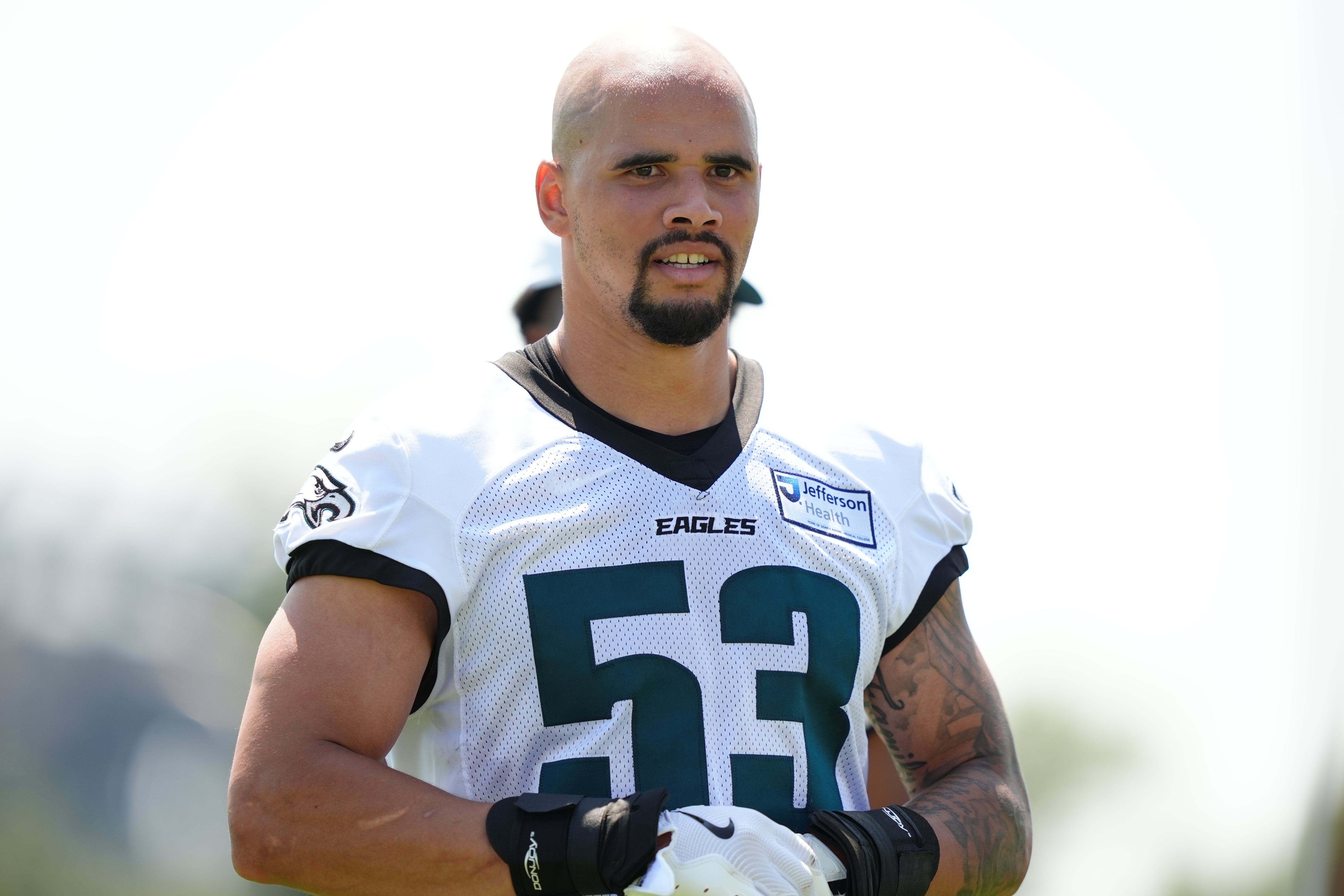 Philadelphia Eagles linebacker Zack Baun (53) looks on during training camp at NovaCare Complex. Kyle Ross-Imagn Images