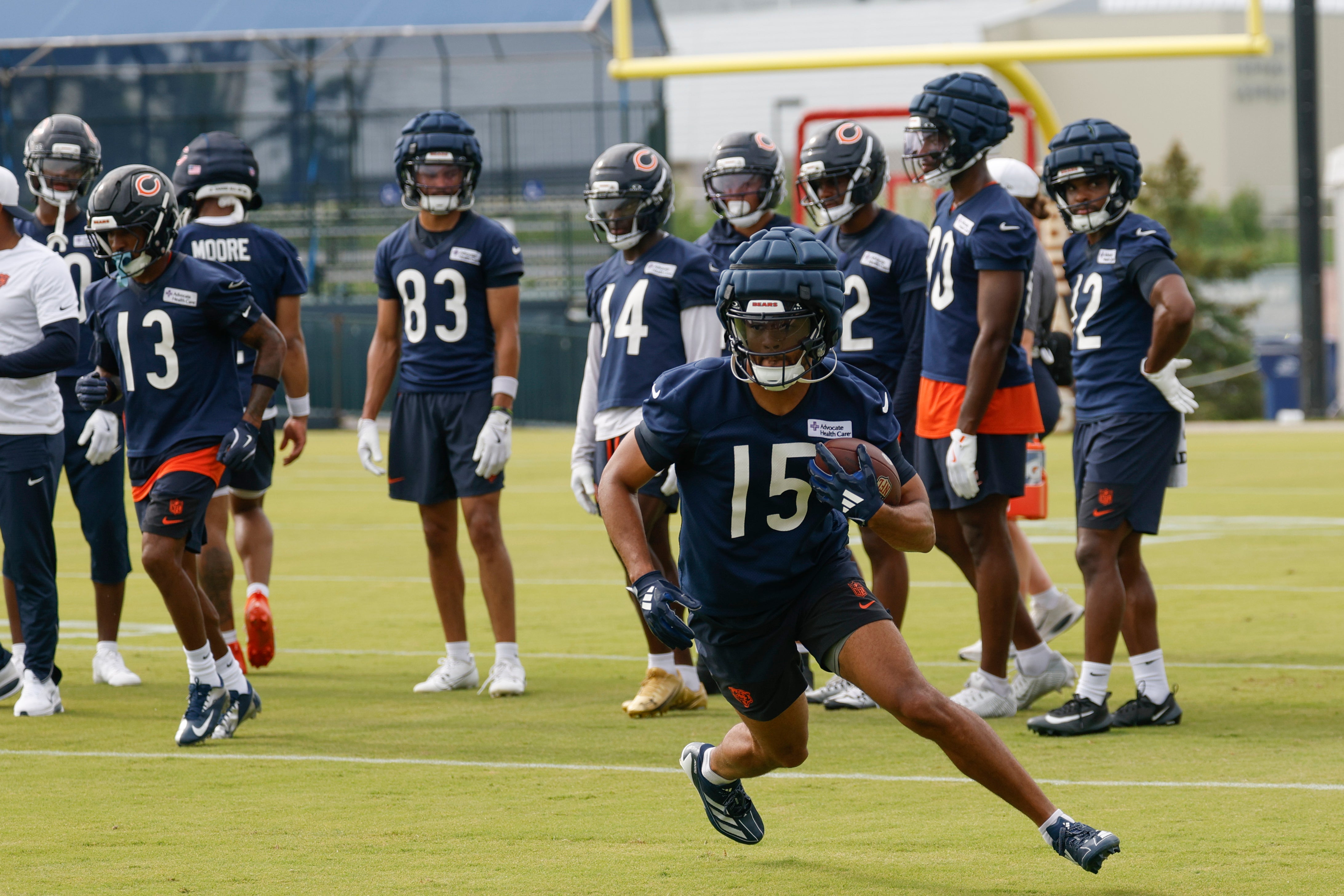 Jul 24, 2025; Lake Forest, IL, USA; Chicago Bears wide receiver Rome Odunze (15) runs with the ball during training camp at Halas Hall.