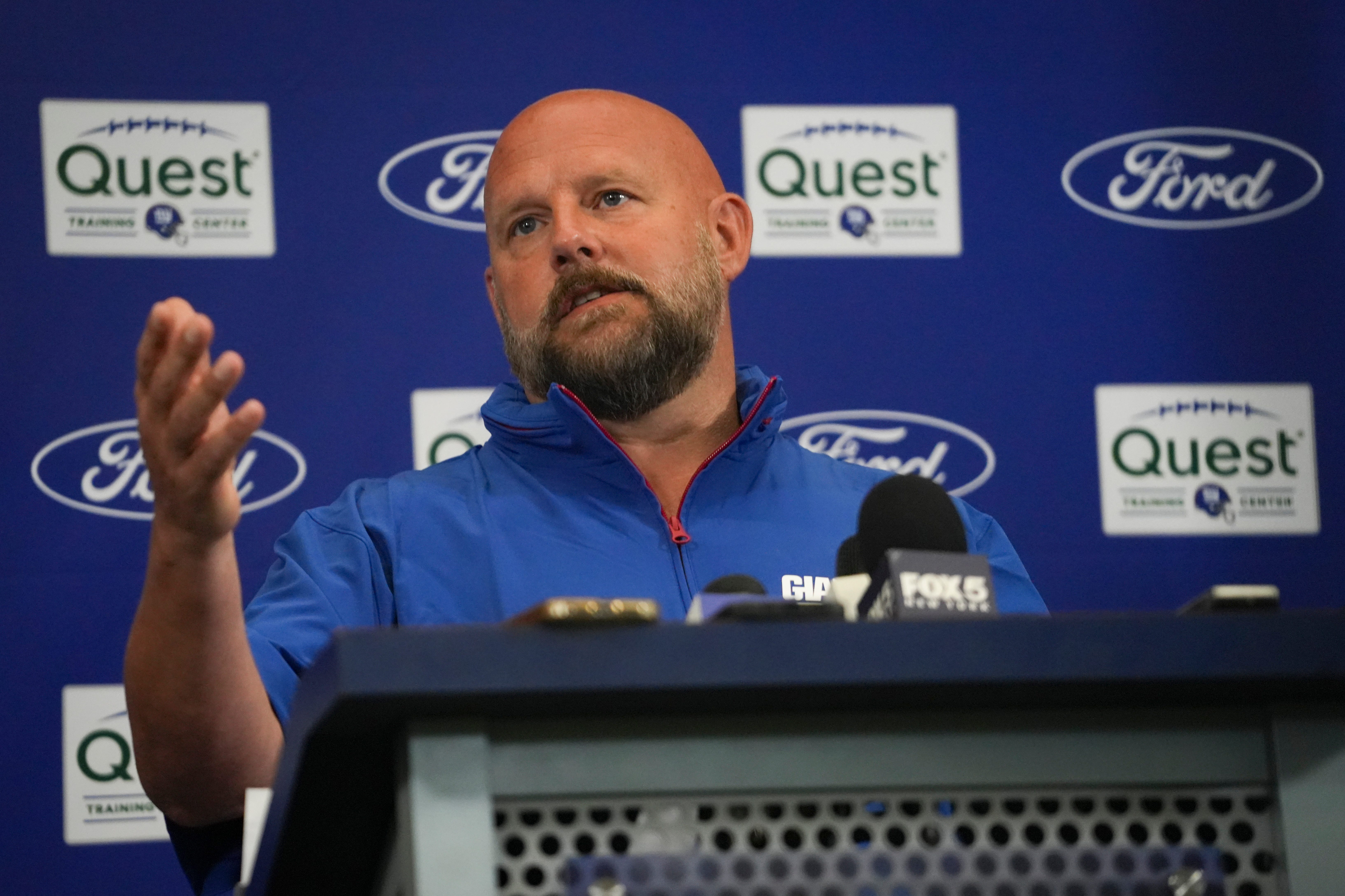 New York Giants head coach Brian Daboll speaks to the media on day two of training camp at Quest Diagnostics Giants Training Center, Jul 24, 2025, East Rutherford, NJ, USA.