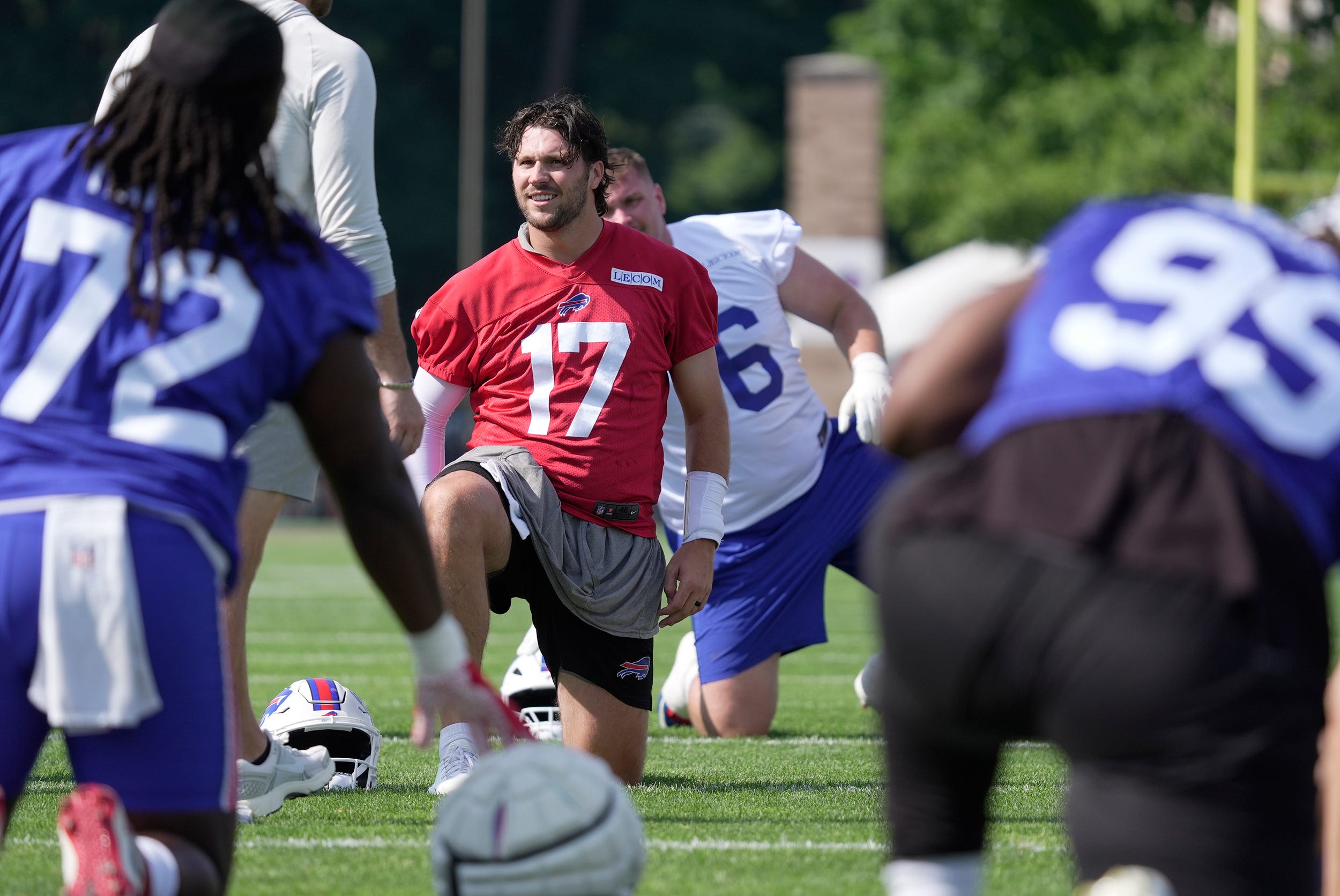 Buffalo Bills QB Josh Allen stretches before practice at St John Fisher University