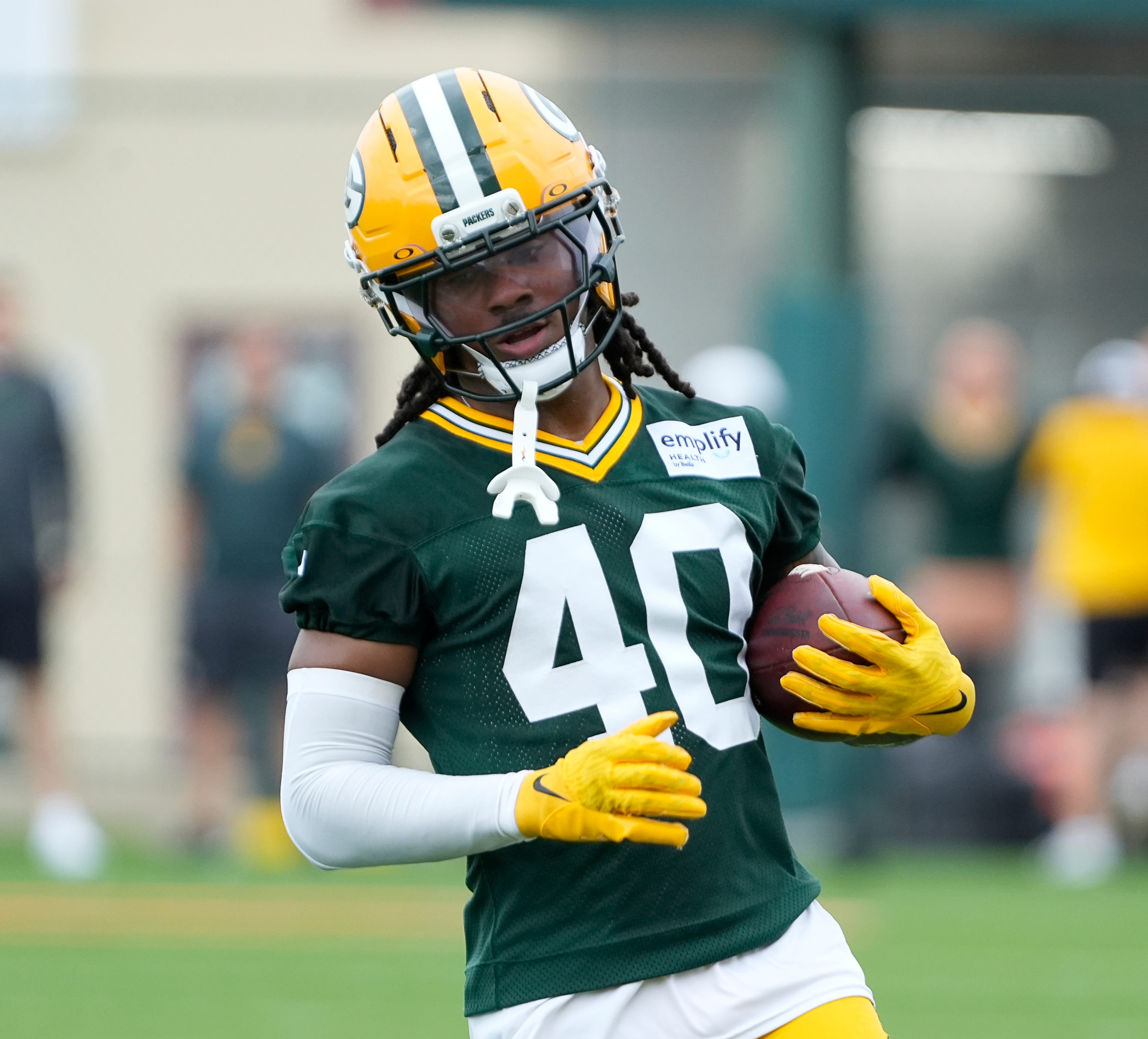 Green Bay Packers safety Omar Brown (40) runs through a drill during the second day of training camp on Thursday, July 24, 2025, at Ray Nitschke Field in Ashwaubenon, Wis.