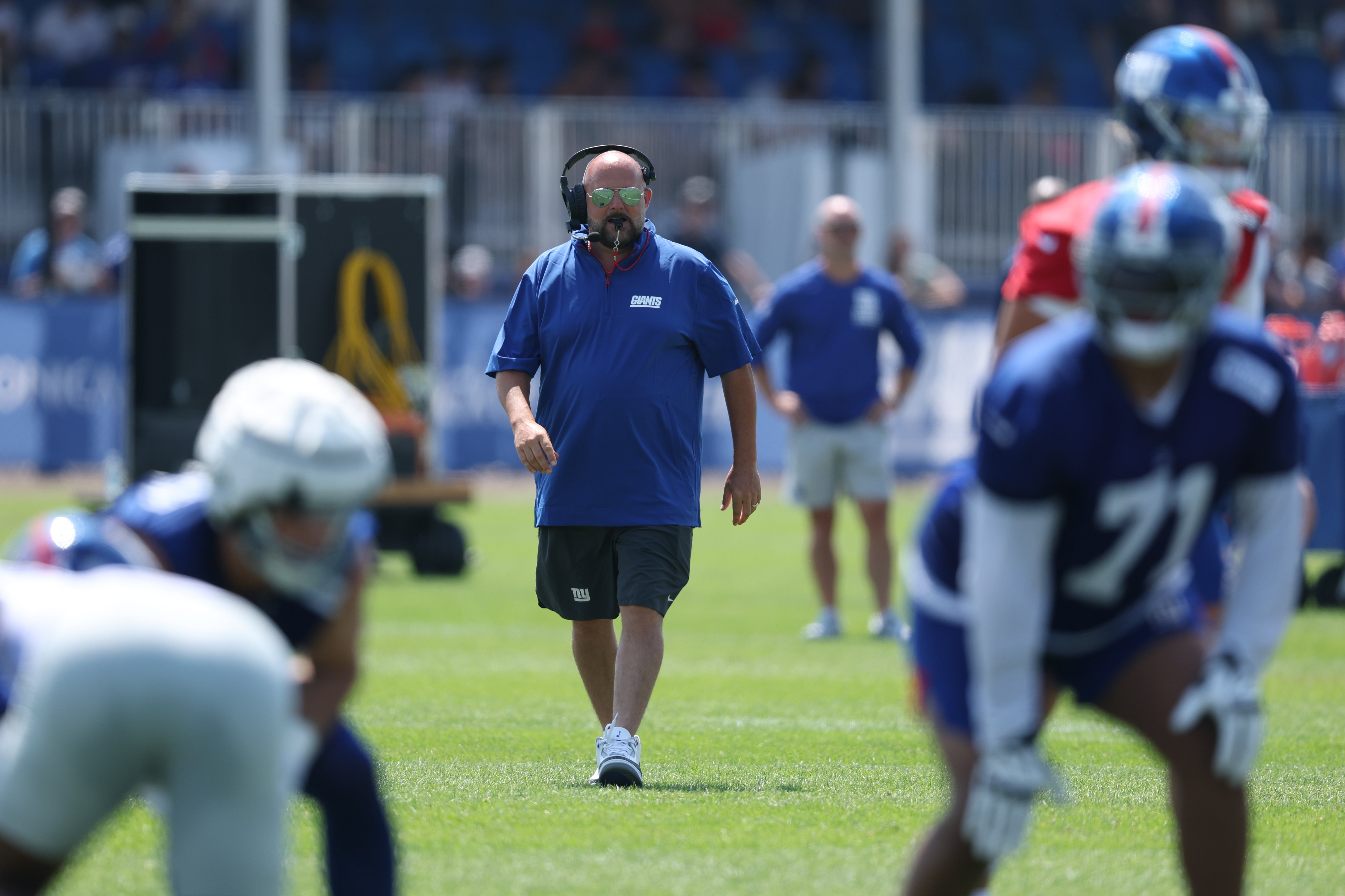Jul 24, 2025; East Rutherford, NJ, USA; New York Giants head coach Brian Daboll looks on during training camp at Quest Diagnostics Training Center.