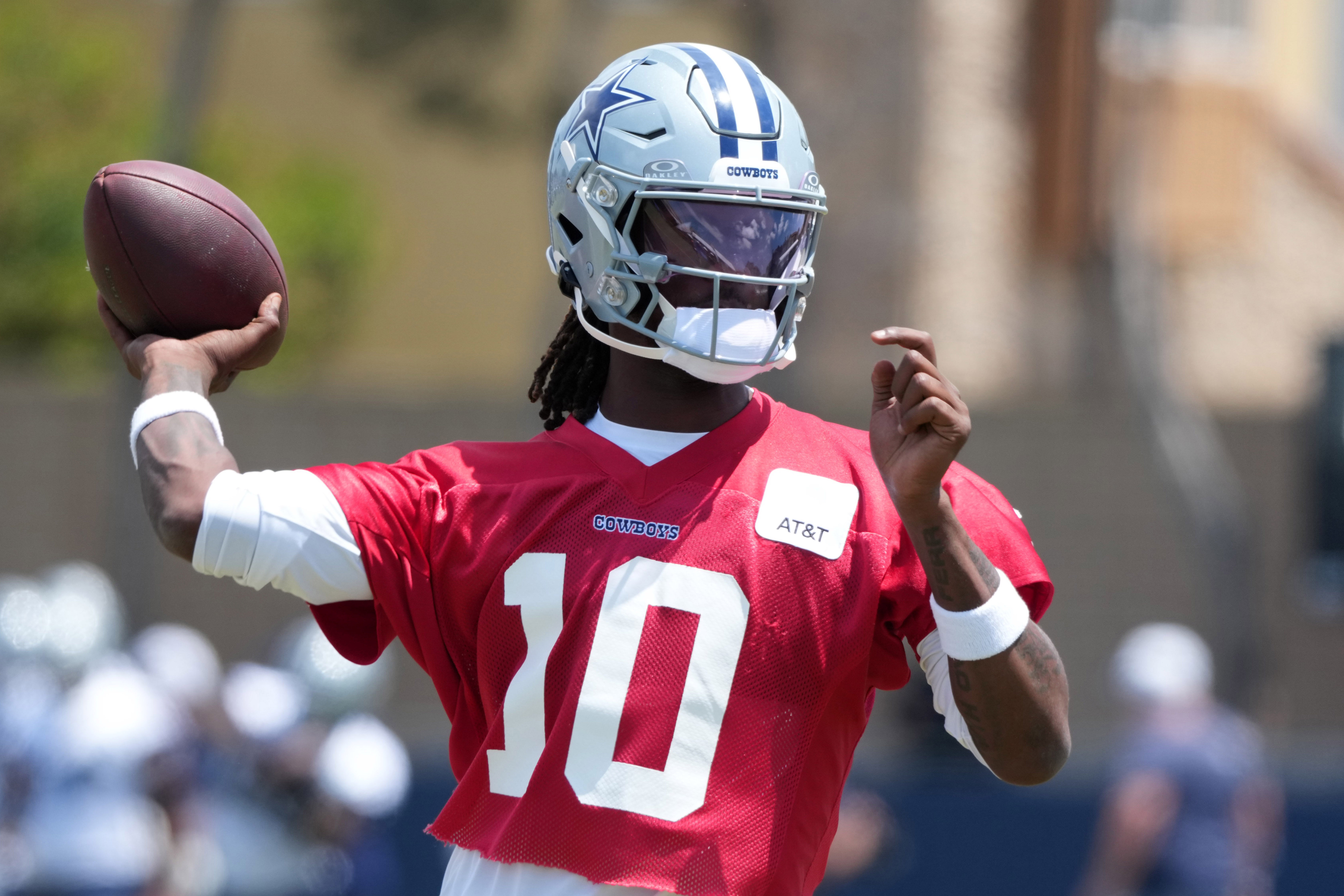 Jul 26, 2025; Oxnard, CA, USA; Dallas Cowboys quarterback Joe Milton (10) throws the ball at training camp at the River Ridge Fields.