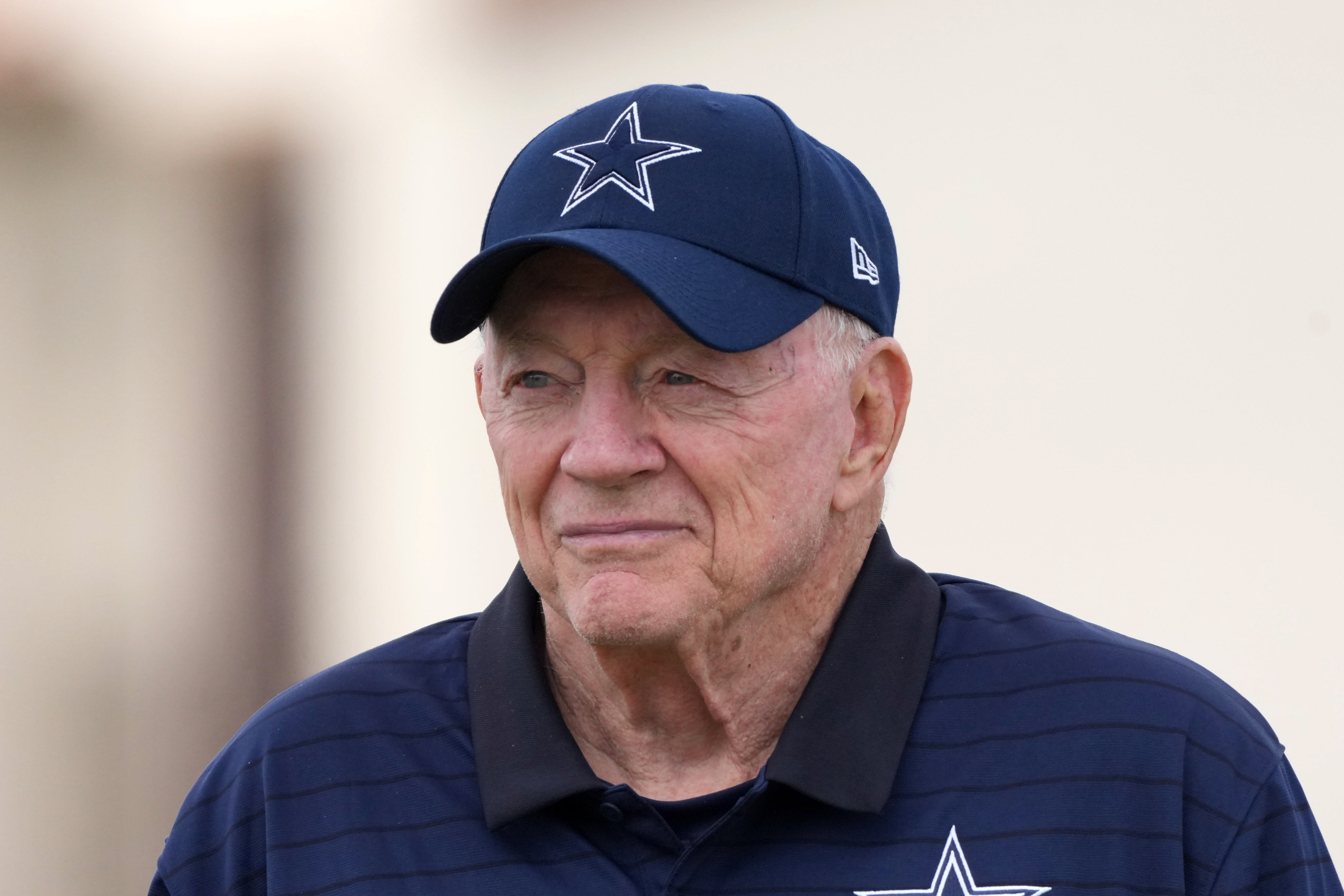 Jul 26, 2025; Oxnard, CA, USA; Dallas Cowboys owner Jerry Jones at training camp at the River Ridge Fields.