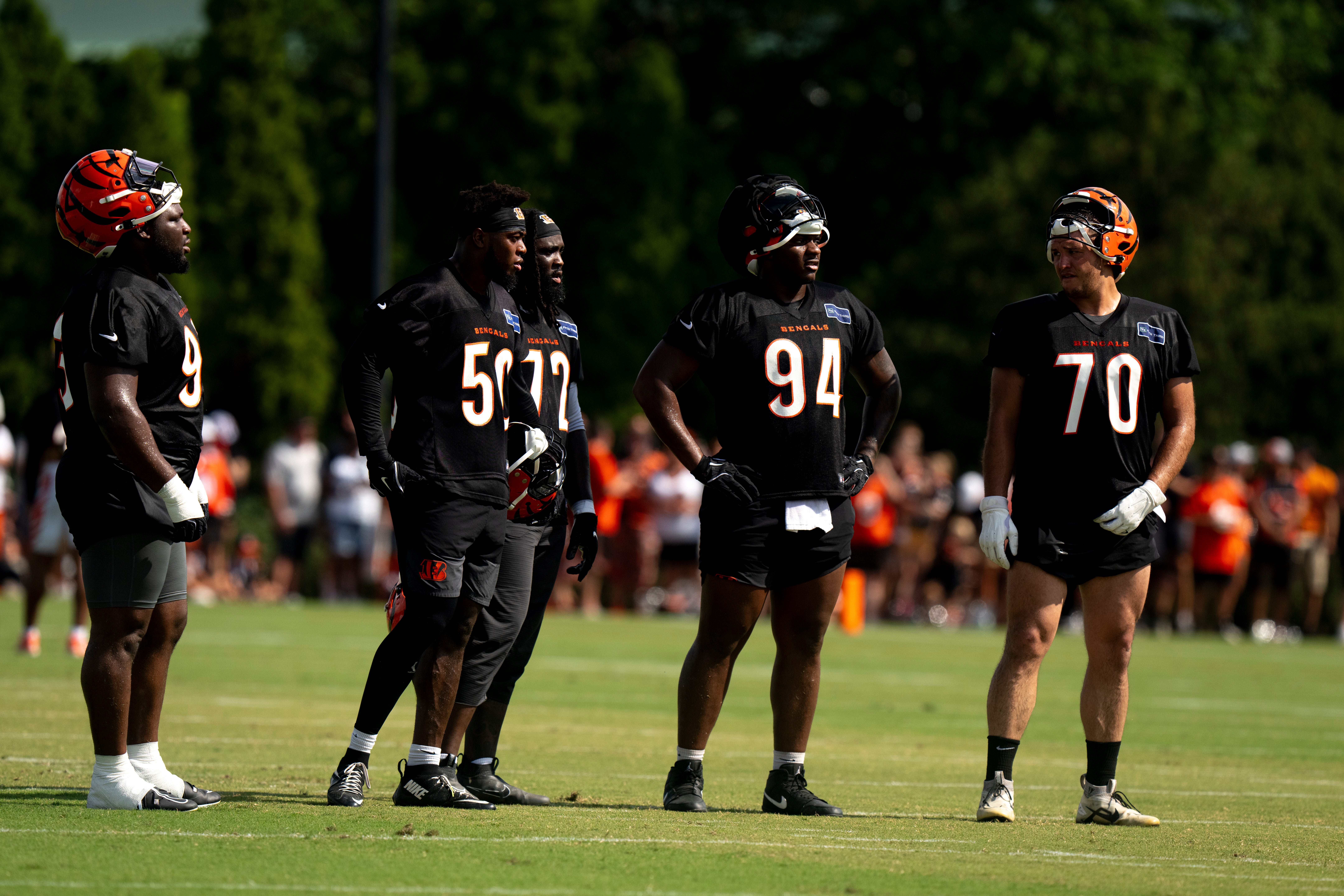 Cincinnati Bengals linebacker Shaka Heyward (50), Cincinnati Bengals defensive tackle Eric Gregory (94) and Cincinnati Bengals defensive tackle Taven Bryan (70) during the Bengals camp in Cincinnati on July 27, 2025.