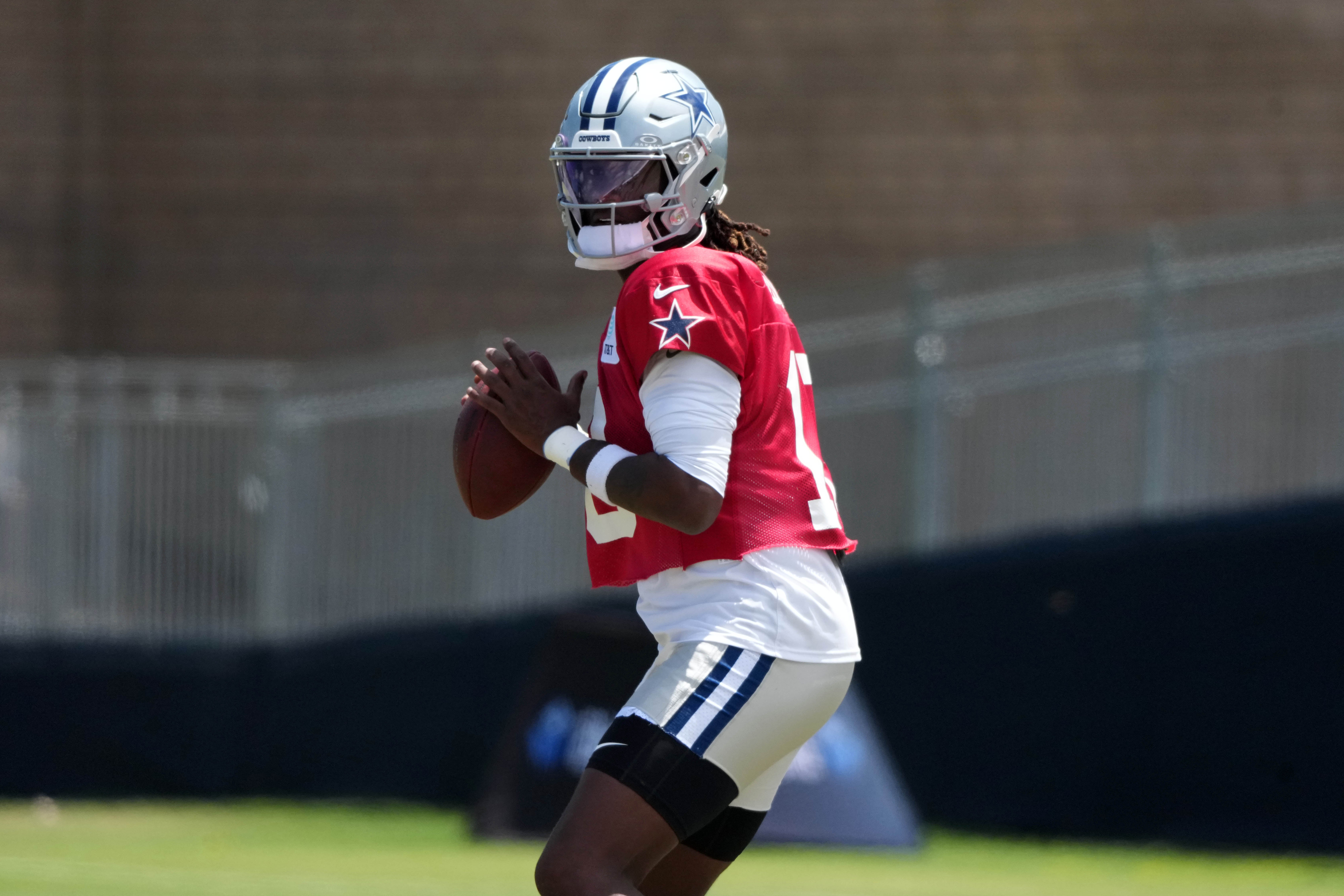 Dallas Cowboys quarterback Joe Milton III (10) throws the ball at training camp at the River Ridge Fields.