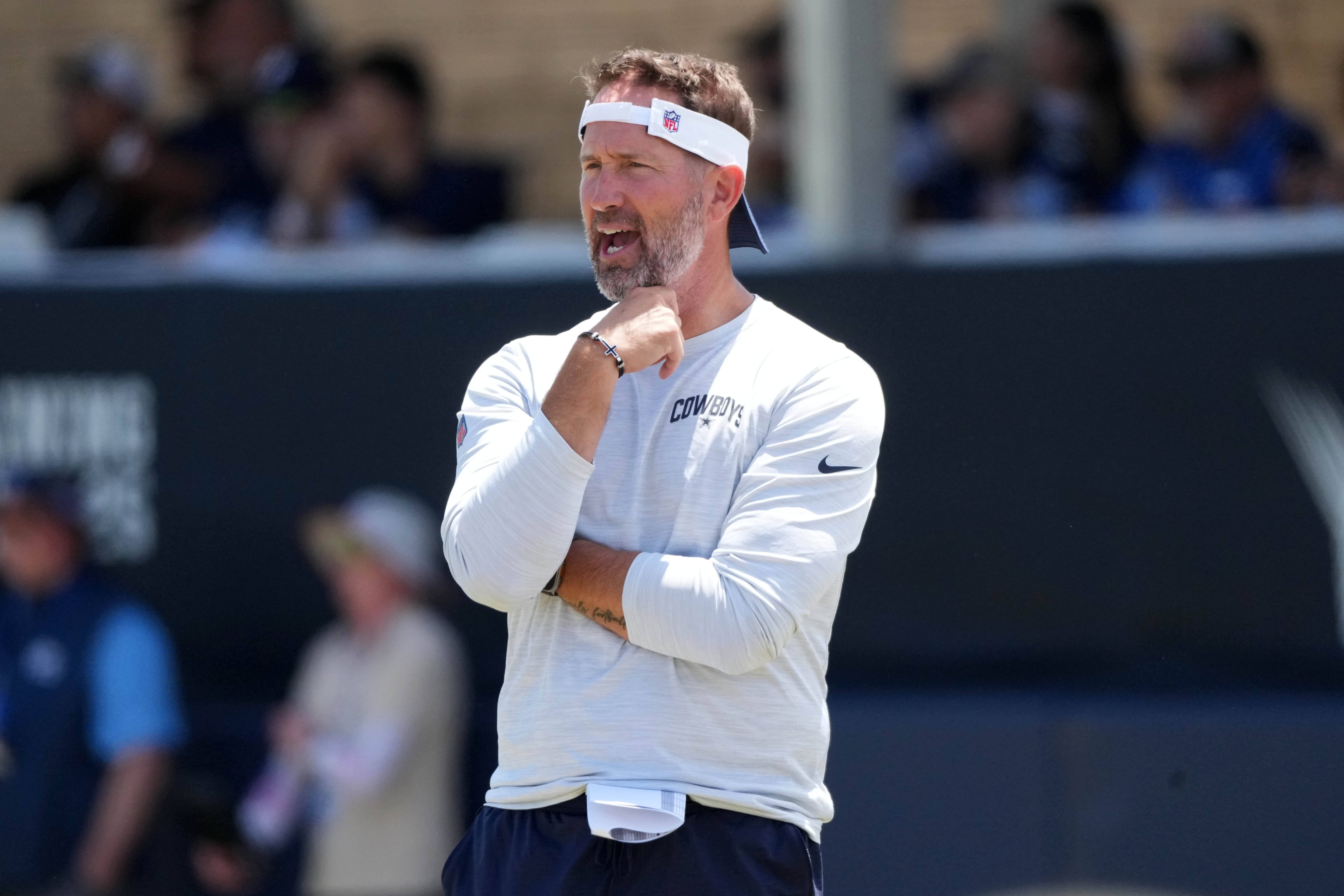 Jul 27, 2025; Oxnard, CA, USA; Dallas Cowboys coach Brian Schottenheimer at training camp at the River Ridge Fields.
