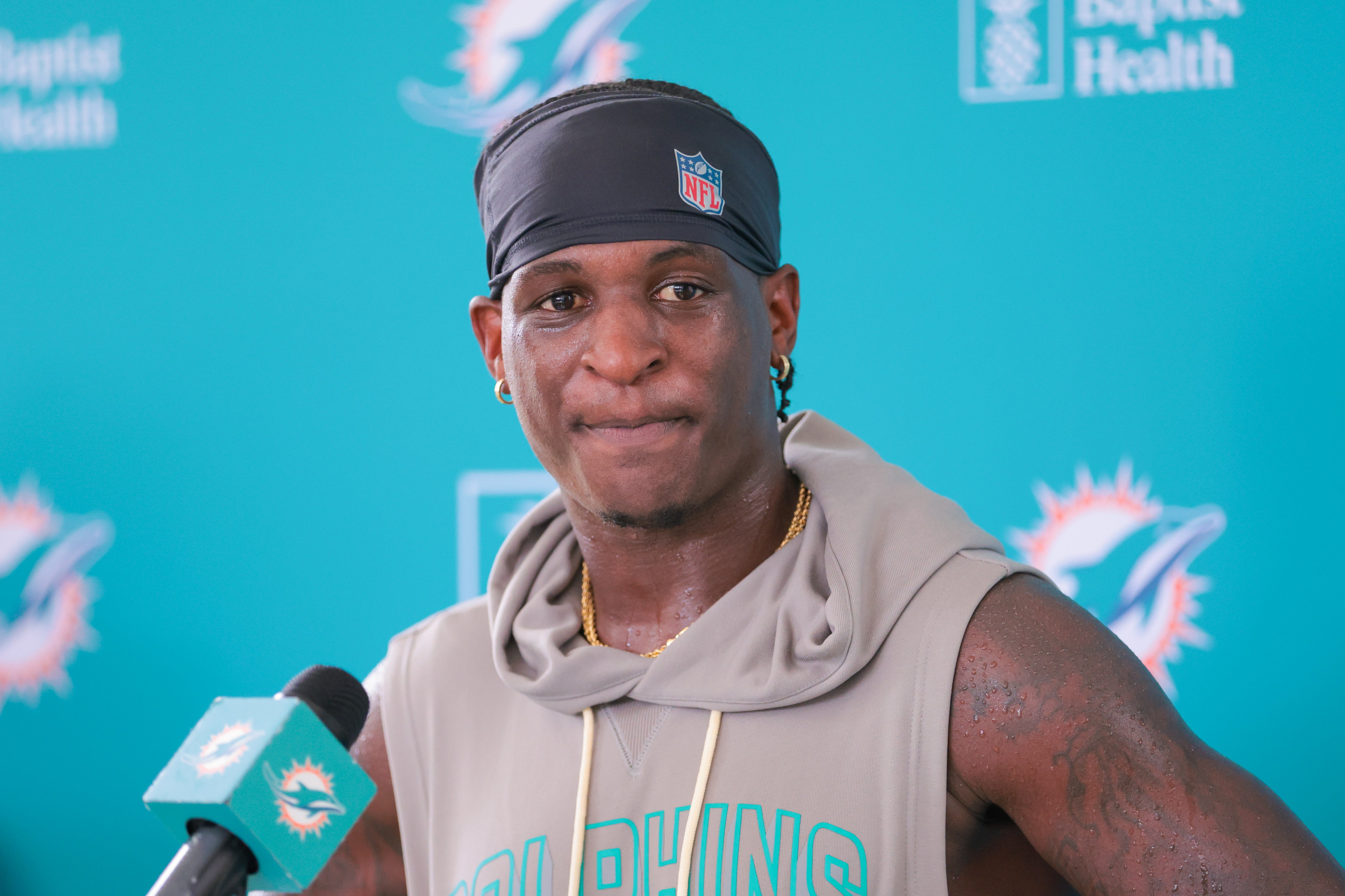 Jul 28, 2025; Miami Gardens, MI, USA; Miami Dolphins cornerback Mike Hilton (38) speaks to reporters during training camp at Baptist Health Training Complex.