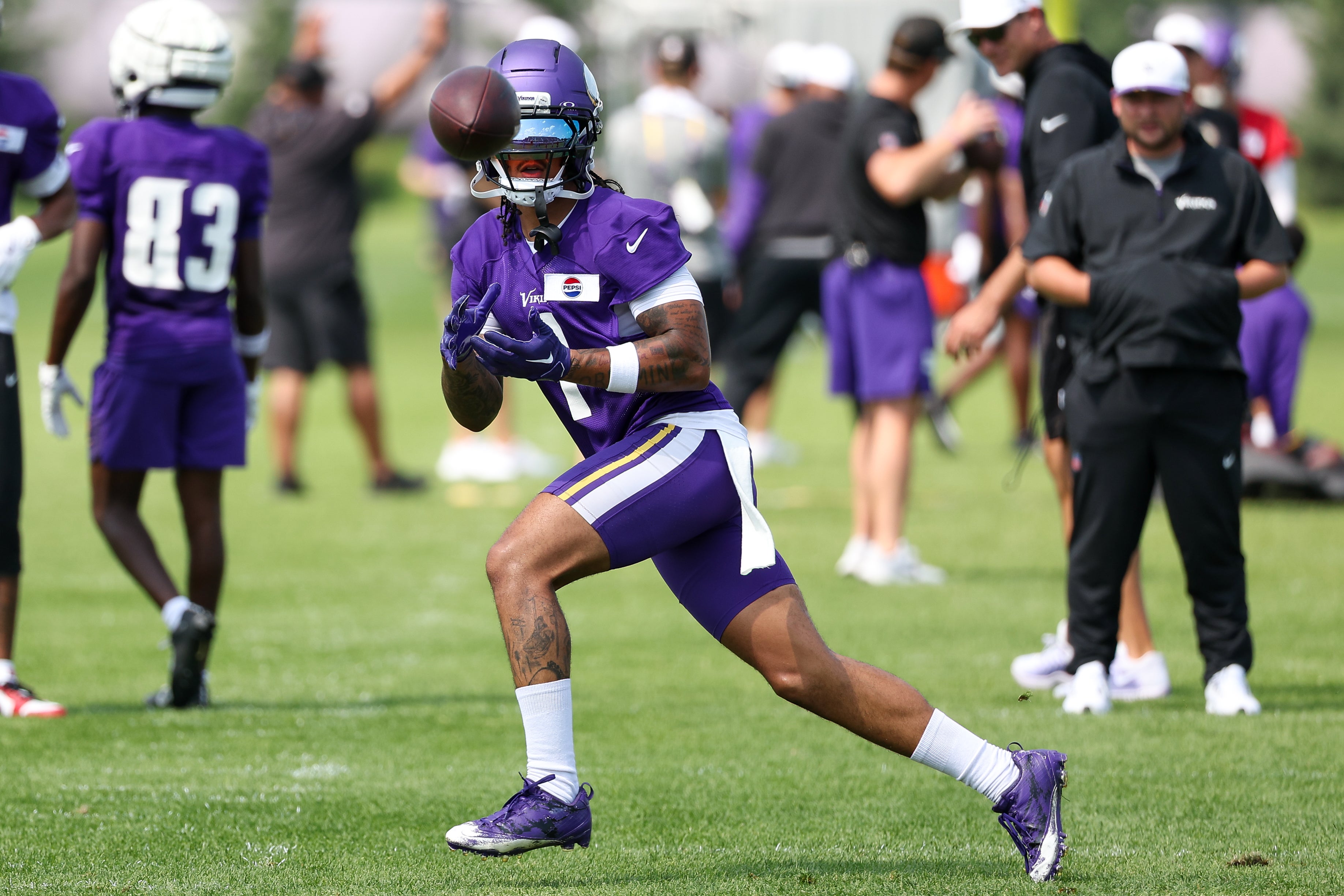 Jul 29, 2025; Eagan, MN, USA; Minnesota Vikings wide receiver Jalen Nailor (1) takes part in drills during the teams training camp at the Minnesota Vikings Training Facility.