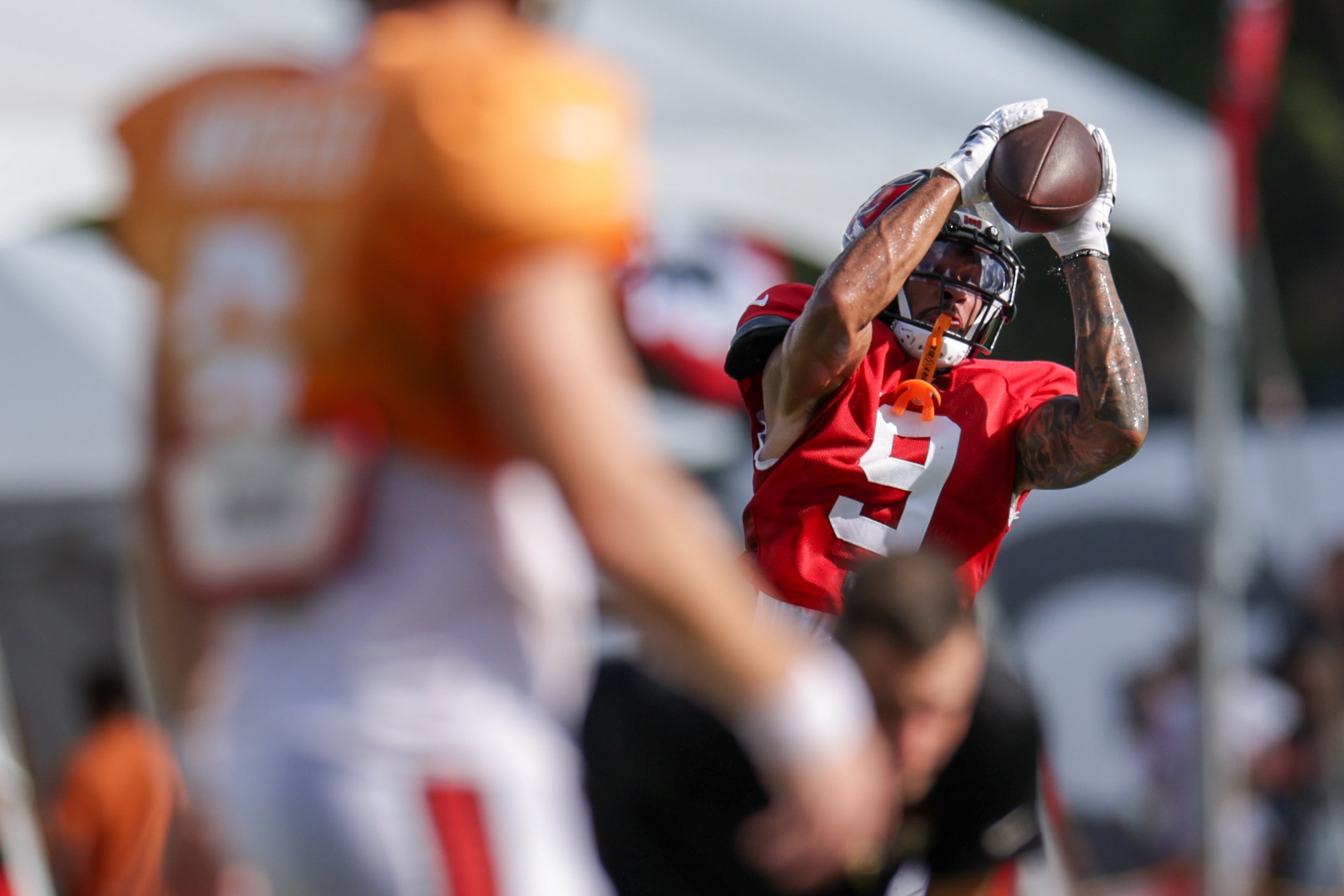 Jul 31, 2025; Tampa, FL, USA; Tampa Bay Buccaneers wide receiver Emeka Egbuka (9)participates in training camp at AdventHealth Training Center.