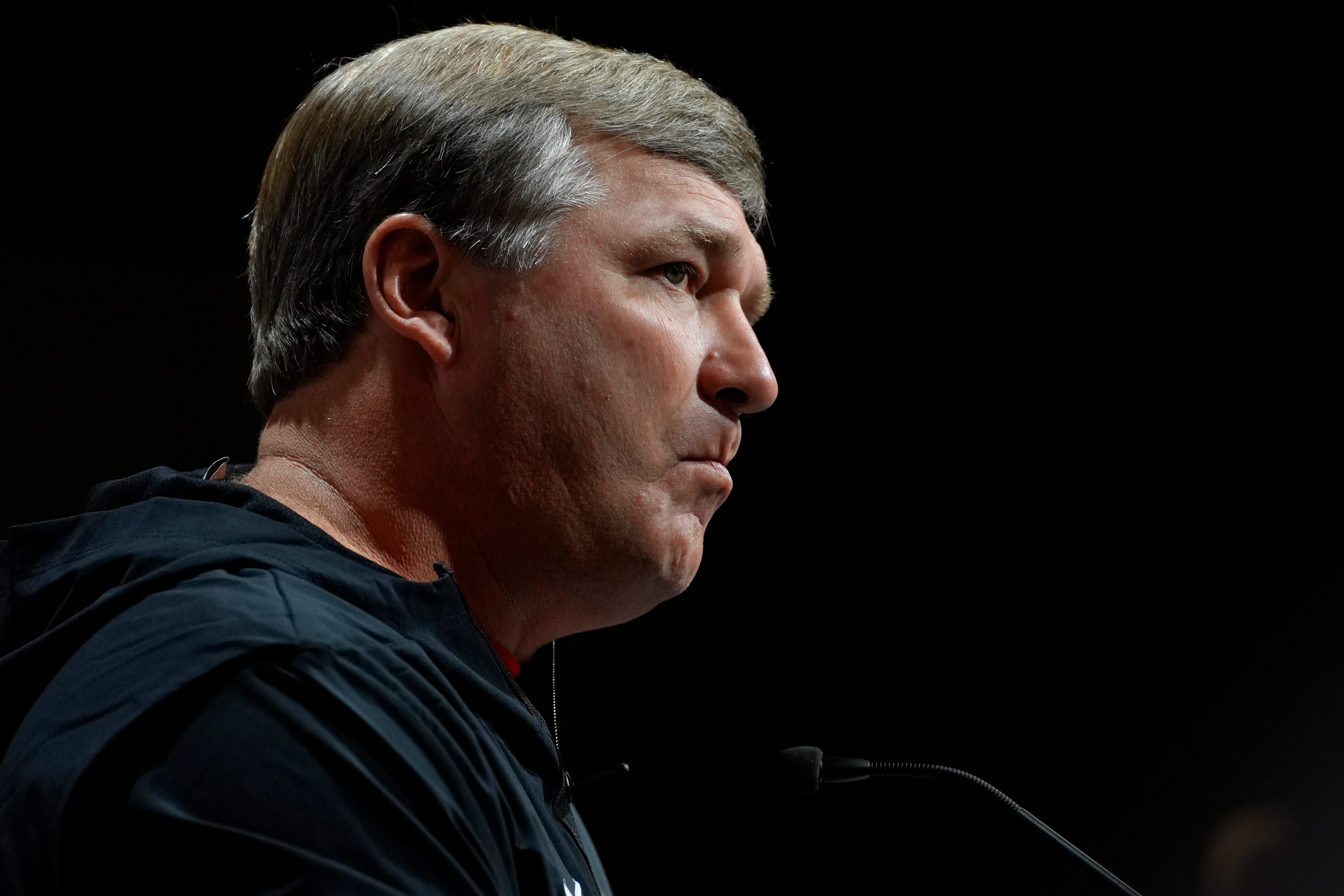 Georgia coach Kirby Smart speaks to the media on the first day of fall practice in Athens, Georgia, on Thursday, July 31, 2025 Joshua L. Jones-USA TODAY NETWORK via Imagn Images
