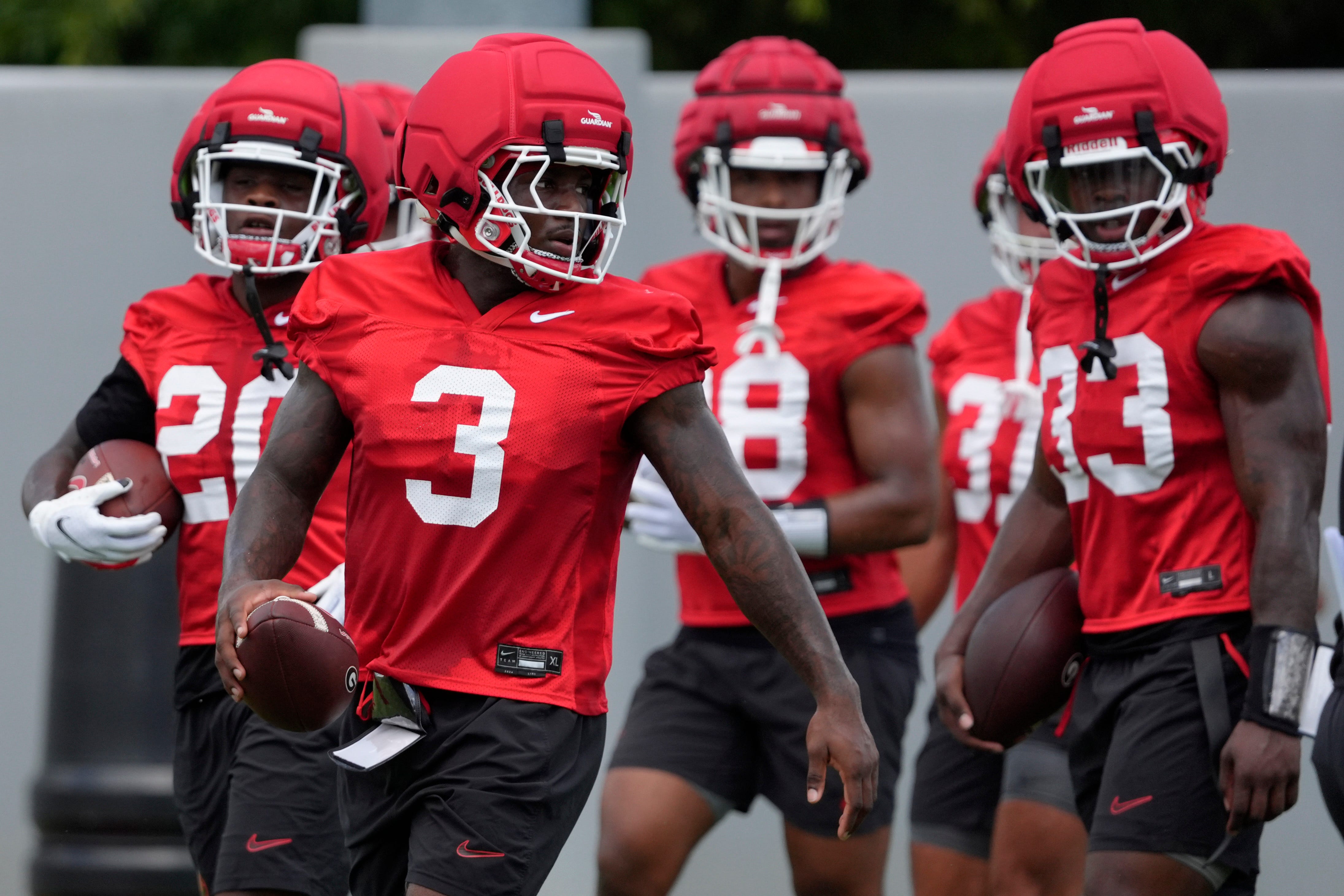 Georgia running back Nate Frazier (3) leads the running back at the first day of fall practice in Athens, Georgia, on Thursday, July 31, 2025 Joshua L. Jones-USA TODAY NETWORK via Imagn Images