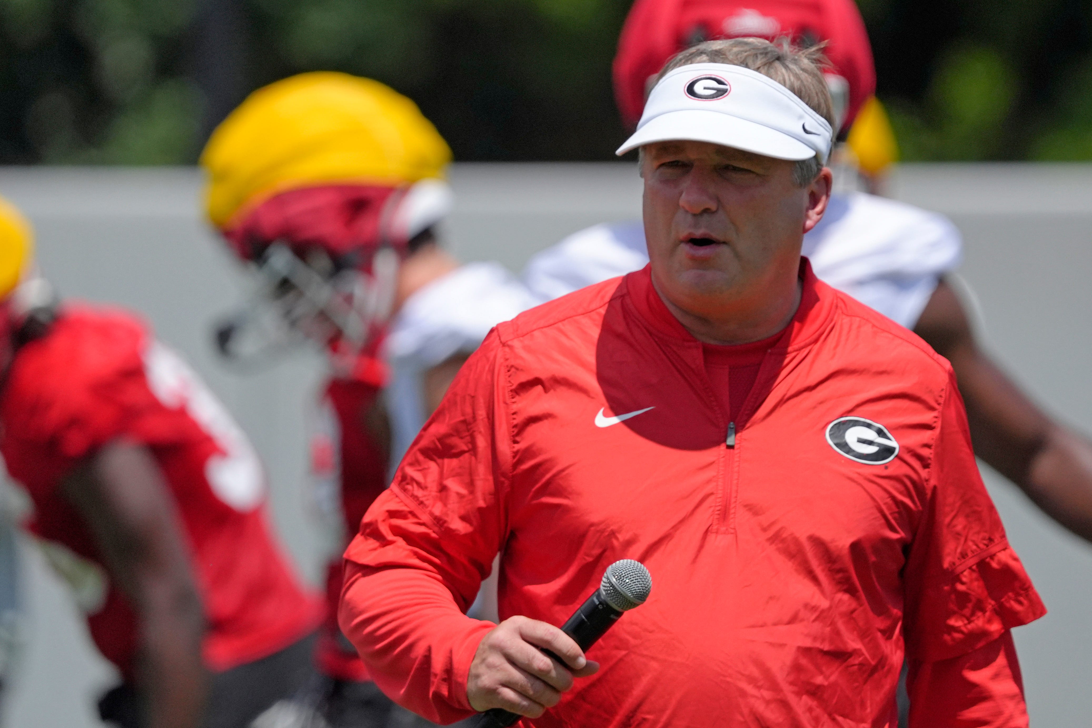Georgia coach Kirby Smart looks on at the first day of fall practice in Athens, Georgia, on Thursday, July 31, 2025 Joshua L. Jones-USA TODAY NETWORK via Imagn Images