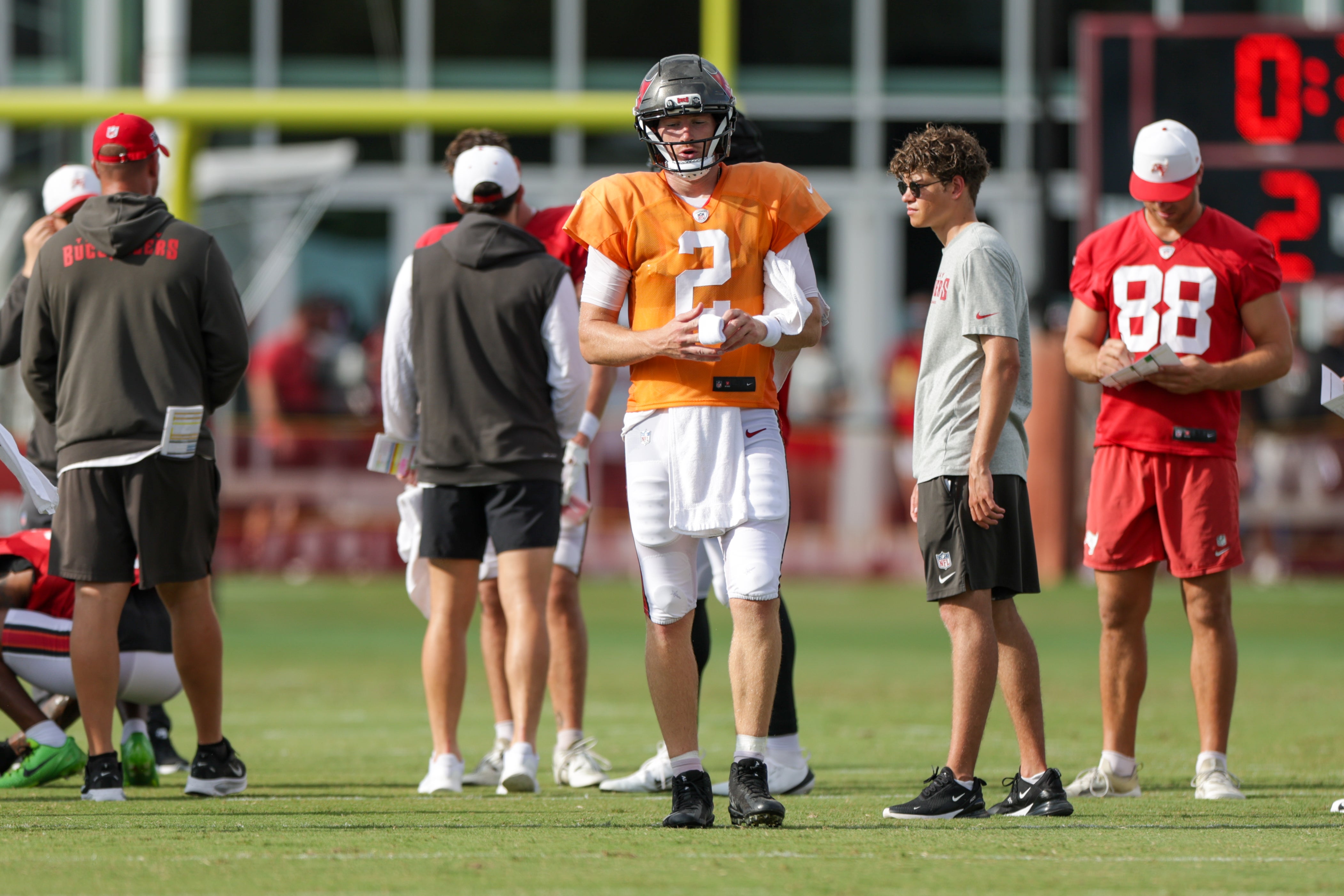 Aug 1, 2025; Tampa, FL, USA; Tampa Bay Buccaneers quarterback Kyle Trask (2) participates in training camp at AdventHealth Training Center.