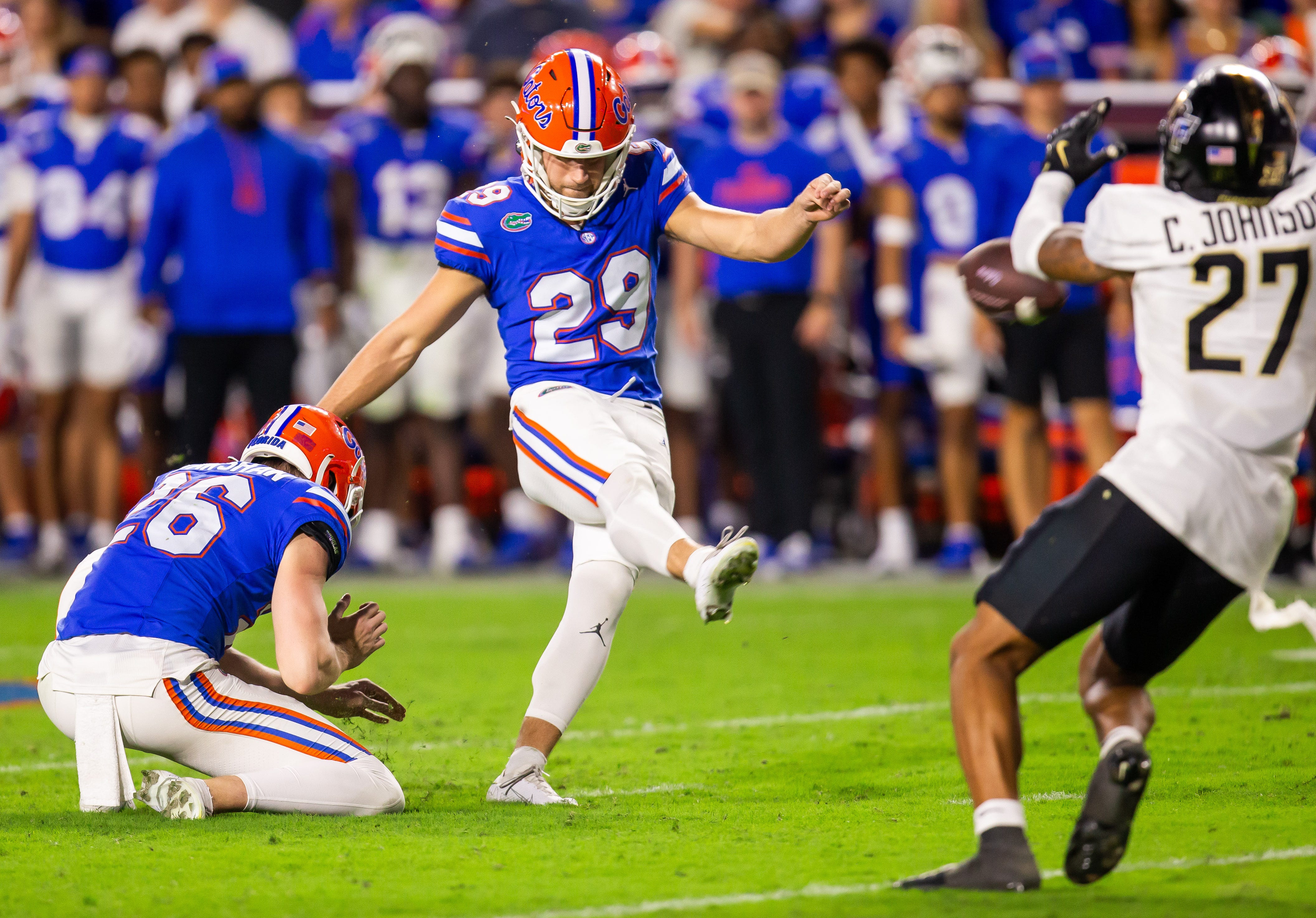 Florida Gators place kicker Trey Smack (29) kicks an extra point during the first half at Ben Hill Griffin Stadium in Gainesville, FL on Saturday, Oct. 5, 2024.