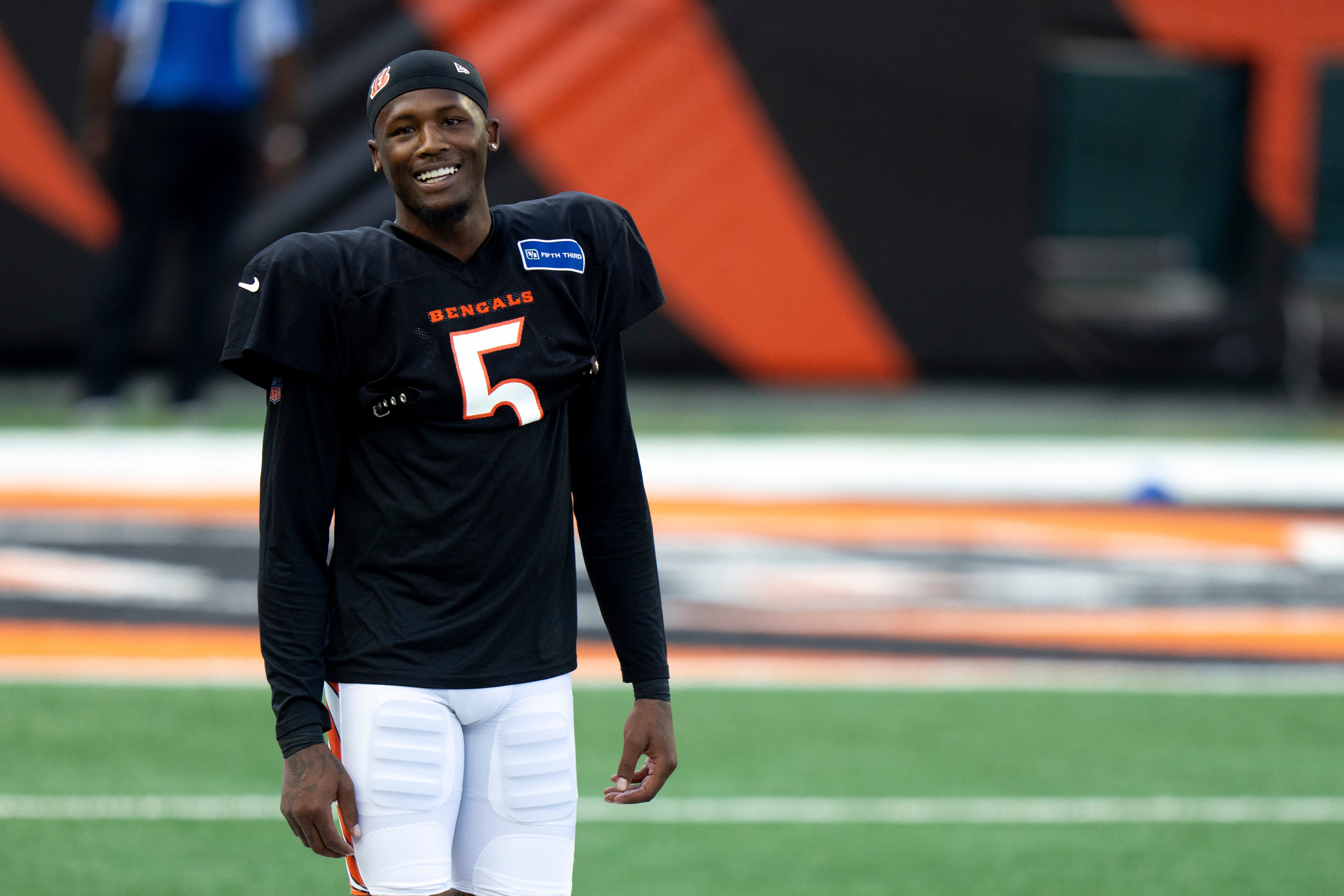 Cincinnati Bengals wide receiver Tee Higgins (5) smiles during Bengals Camp practice at Paycor Stadium in Cincinnati on Aug. 2, 2025.