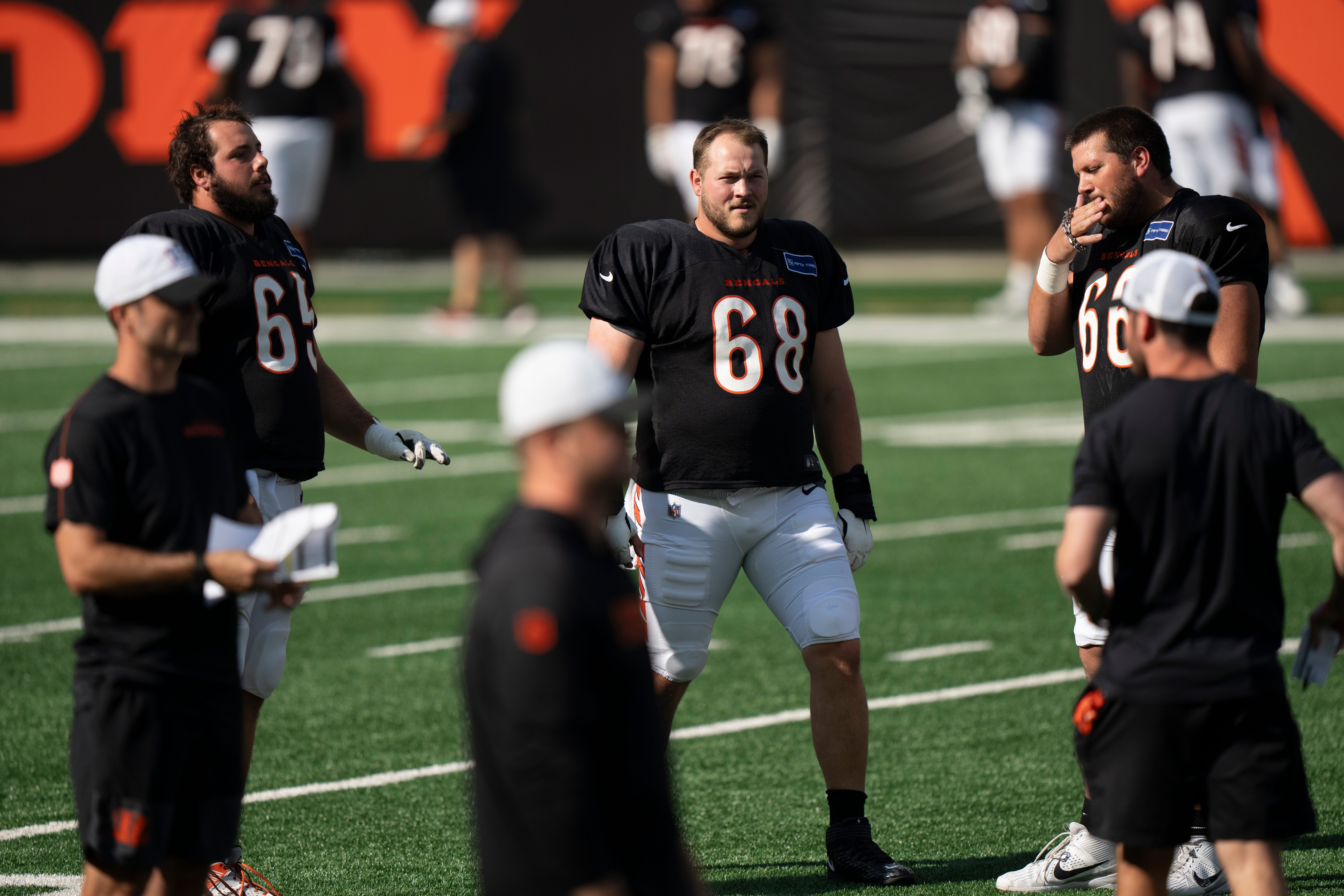 Cincinnati Bengals center Seth McLaughlin (68) stands on the field during Bengals Camp practice at Paycor Stadium in Cincinnati on Aug. 2, 2025.