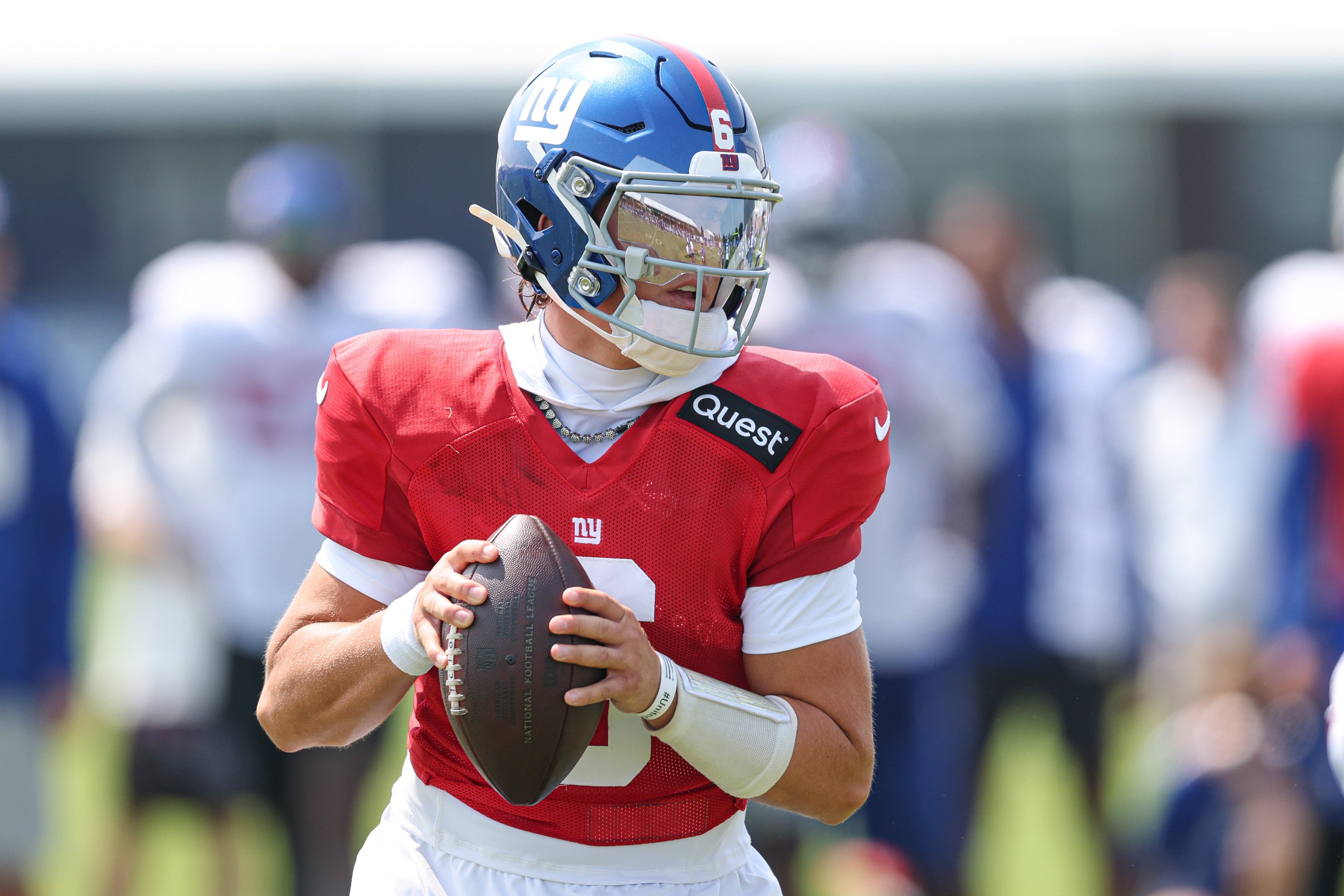 Aug 4, 2025; East Rutherford, NJ, USA; New York Giants quarterback Jaxson Dart (6) drops back to pass during training camp at Quest Diagnostic