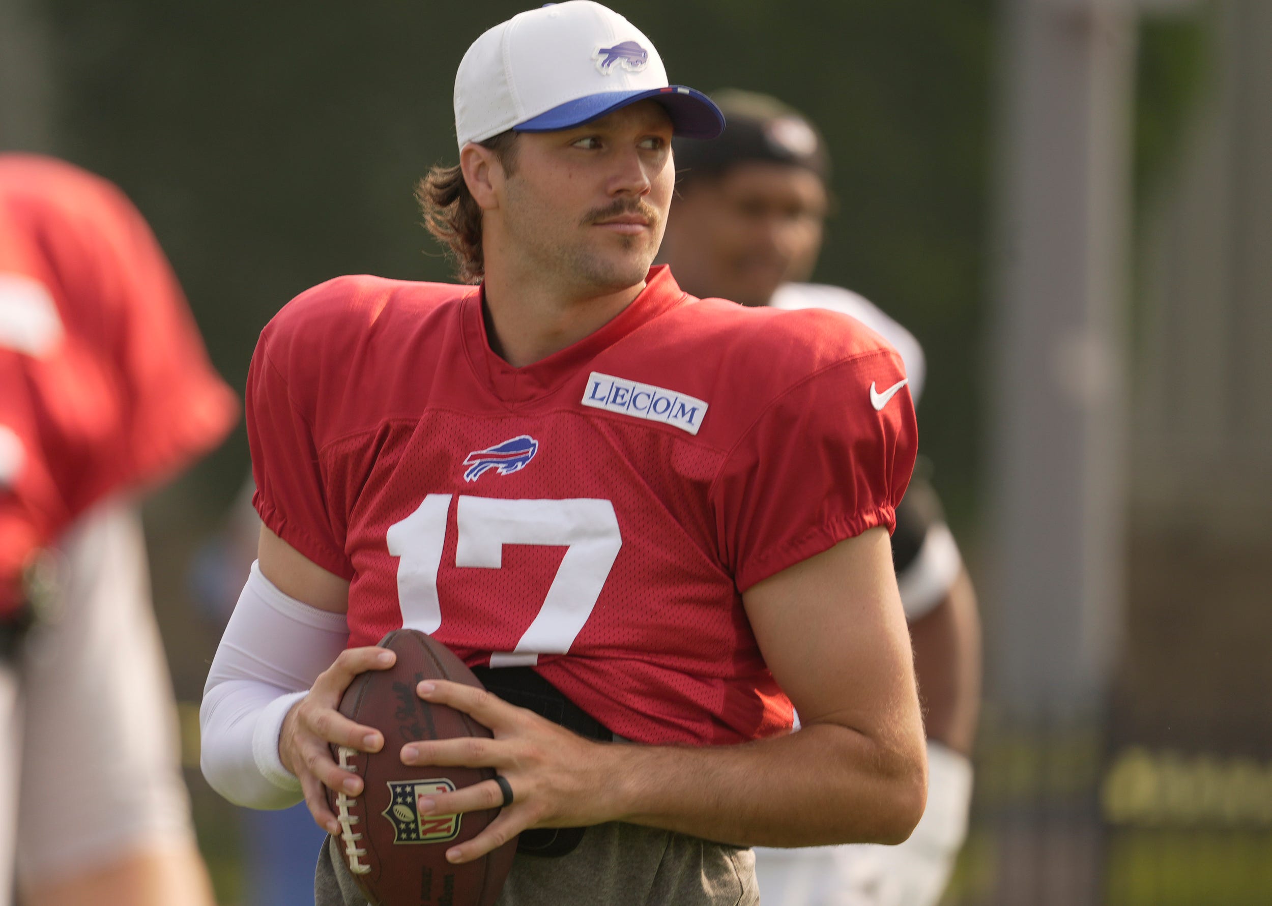 Buffalo Bills QB Josh Allen warming up at practice during training camp at St John Fisher University