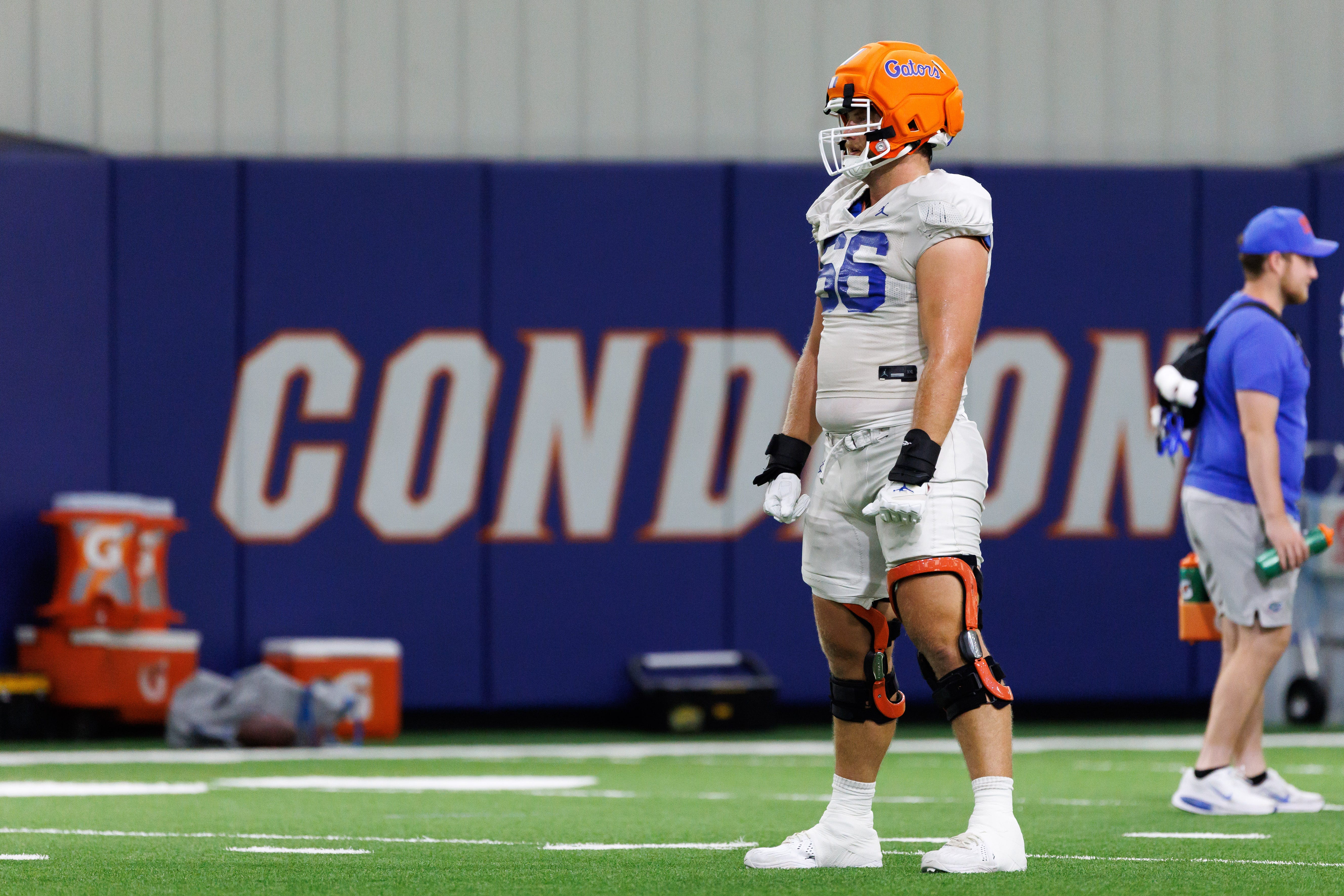 Florida Gators offensive lineman Jake Slaughter (66) looks on during fall football practice at Sanders Indoor Practice Fields at the University of Florida in Gainesville, FL on Thursday, August 7, 2025.