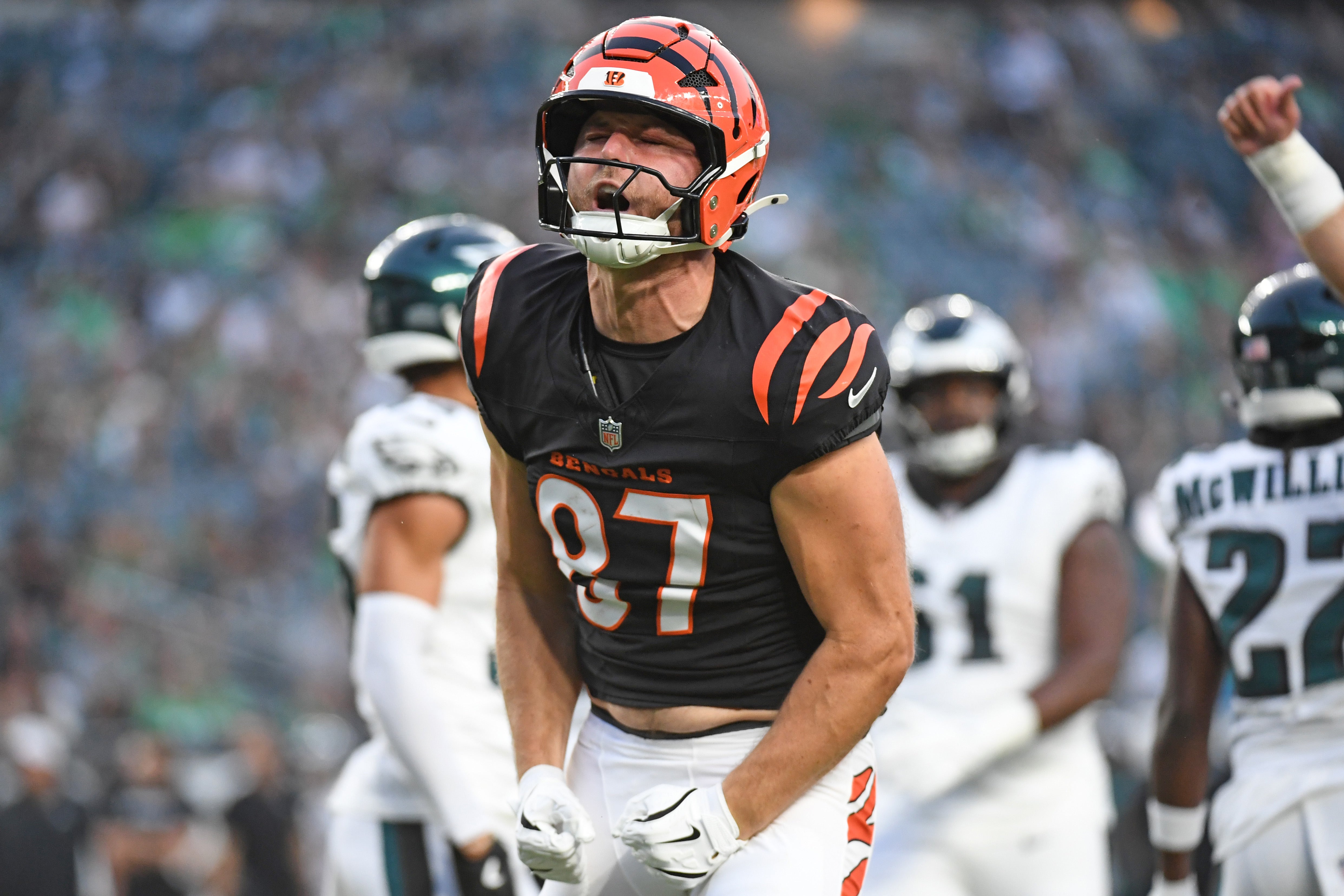Aug 7, 2025; Philadelphia, Pennsylvania, USA; Cincinnati Bengals tight end Tanner Hudson (87) celebrates his touchdown catch during the first quarter against the Philadelphia Eagles at Lincoln Financial Field.