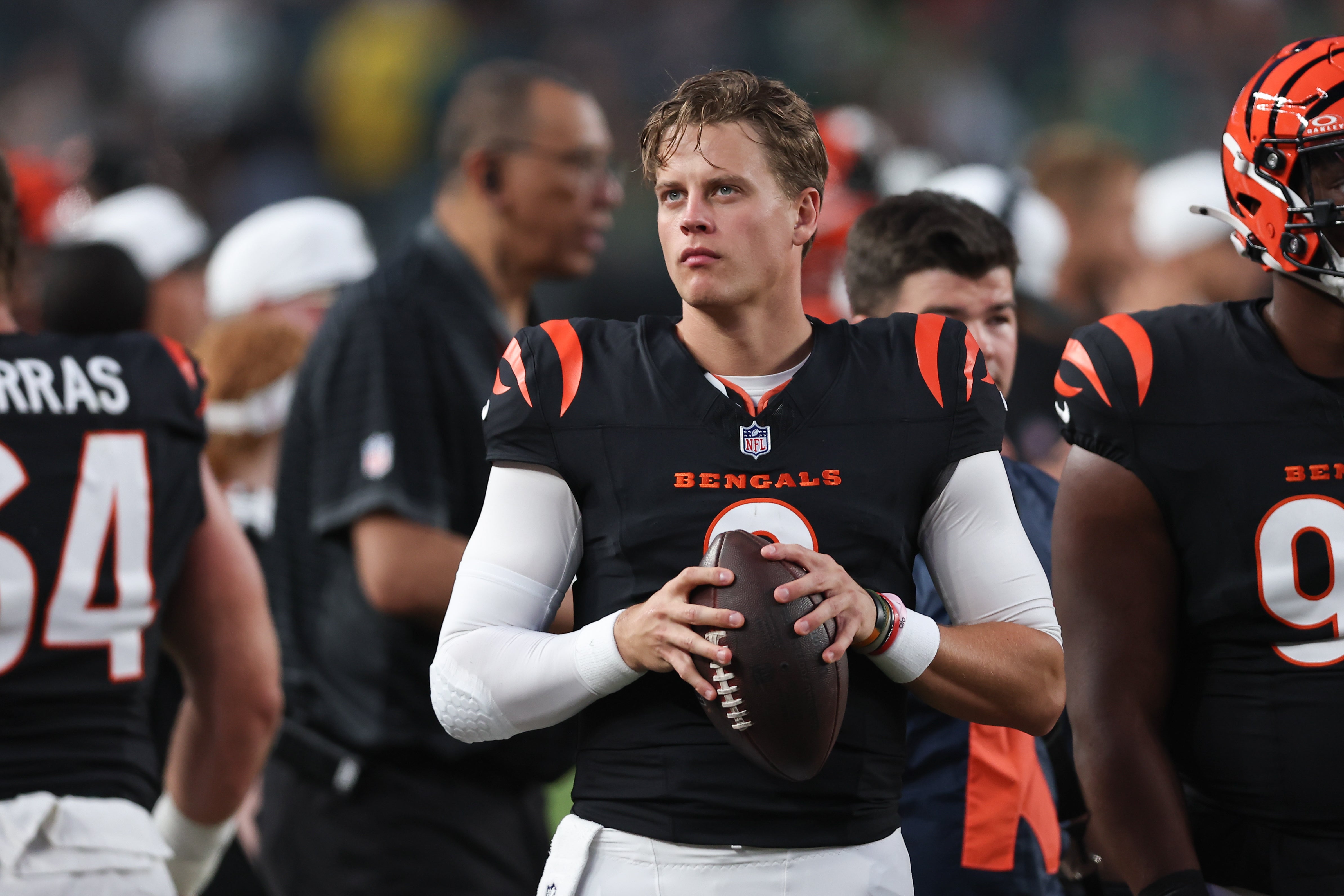 Aug 7, 2025; Philadelphia, Pennsylvania, USA; Cincinnati Bengals quarterback Joe Burrow (9) was up on the sideline during the first quarter against the Philadelphia Eagles at Lincoln Financial Field.