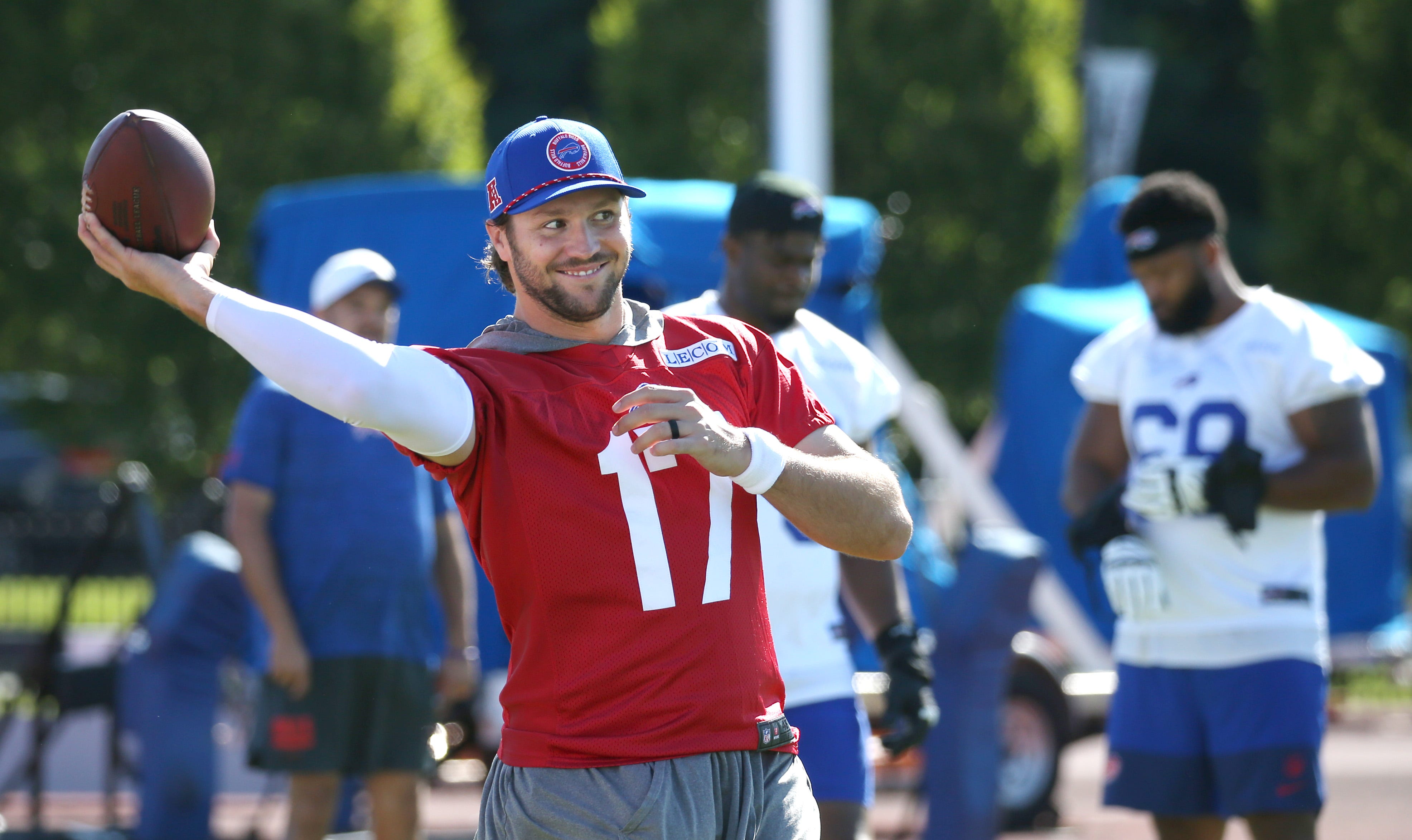 Bills quarterback Josh Allen throws on the sidelines during the opening day of Buffalo Bills training camp at St. John Fisher University Wednesday, July 23, 2025 in Pittsford.